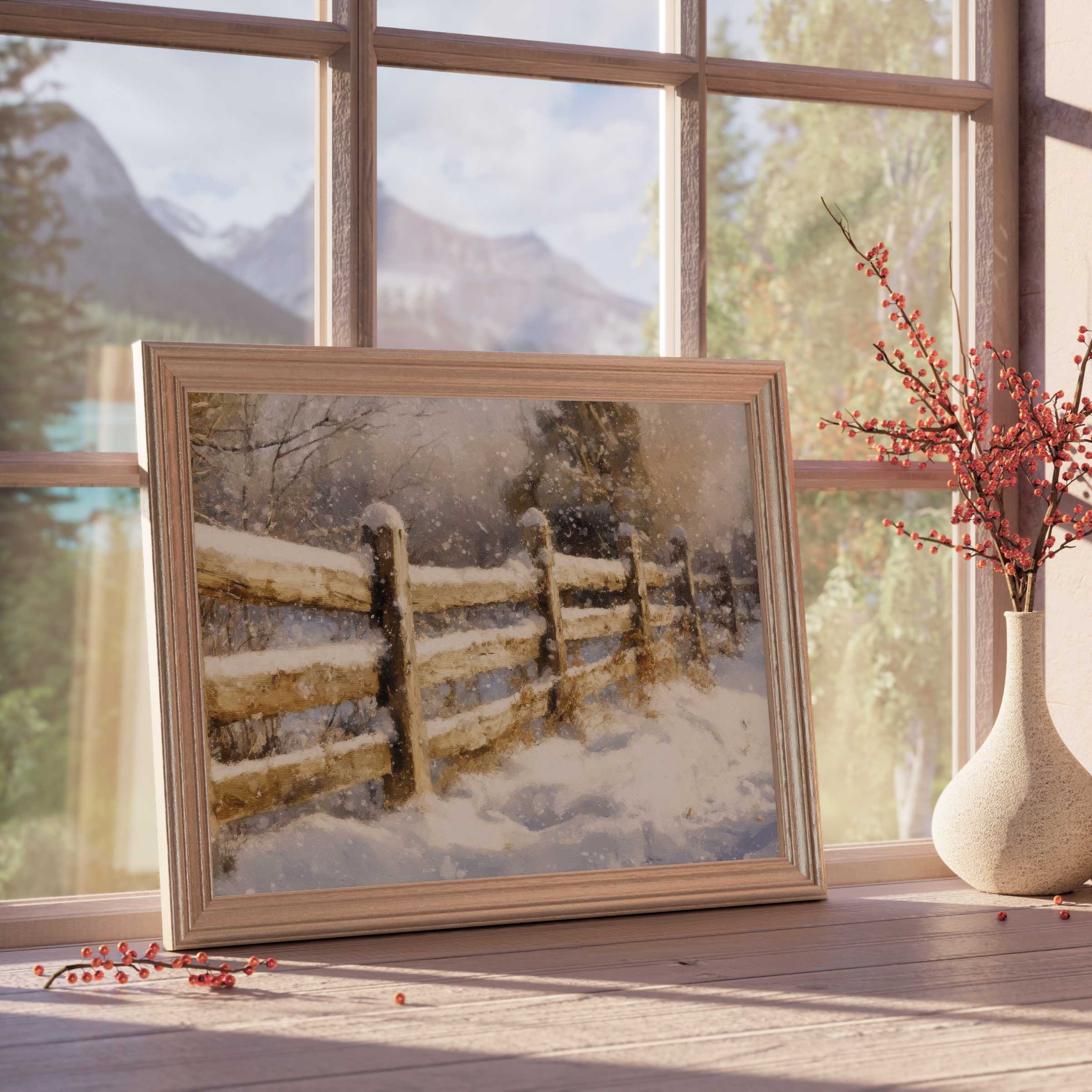 Winter downloadable art softly capturing a snow-dusted rustic fence, infusing curated interiors with serene, cozy elegance
