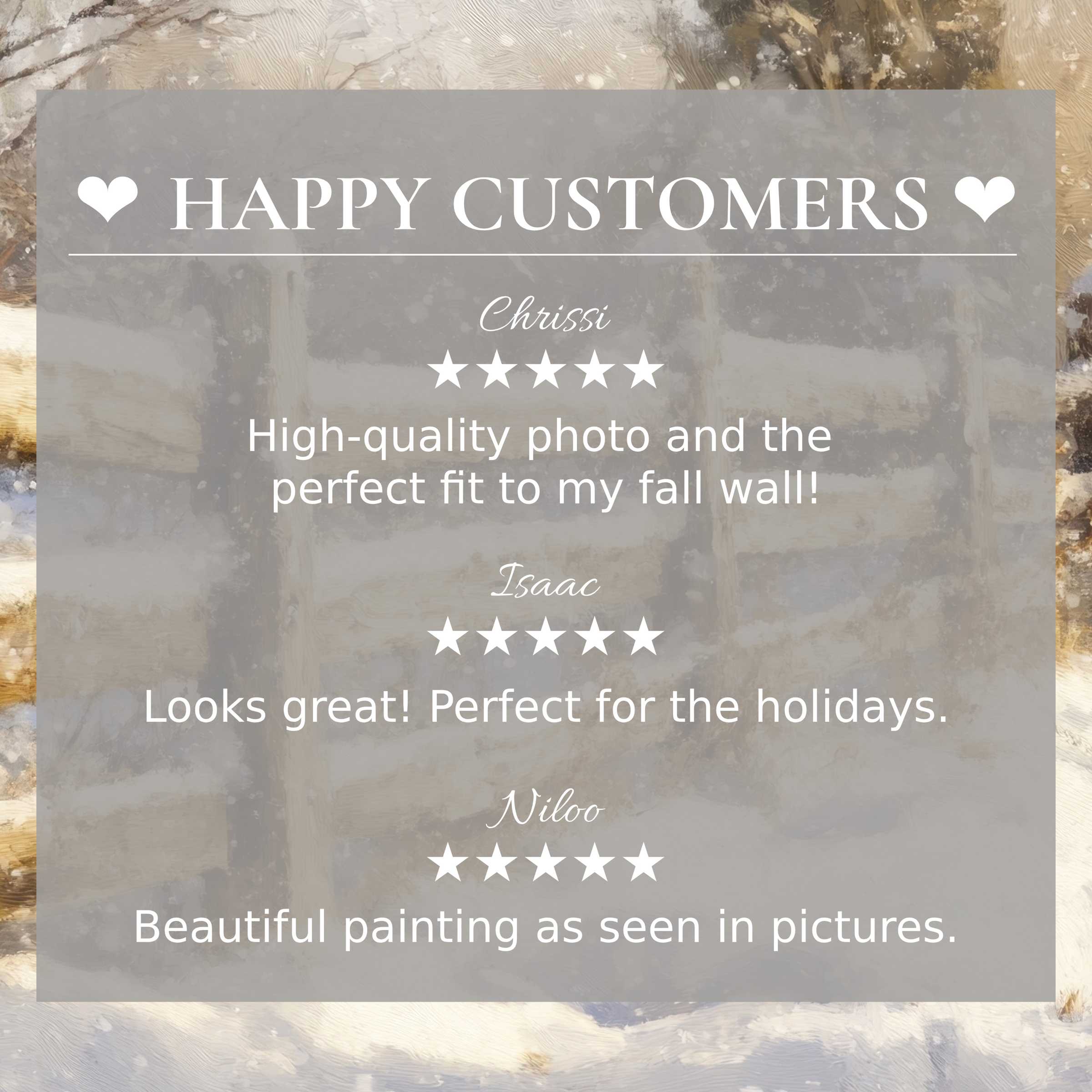 Winter art for Frame TV with textured neutral tones, showcasing happy customer reviews and a refined, trustworthy layout
