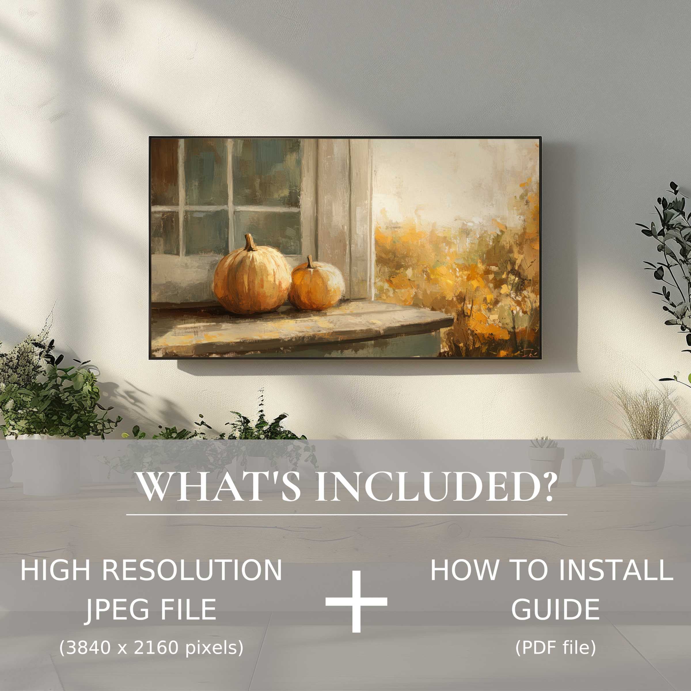 Fall digital TV art download showcases warm pumpkins in serene modern decor, easy digital use elevates living space