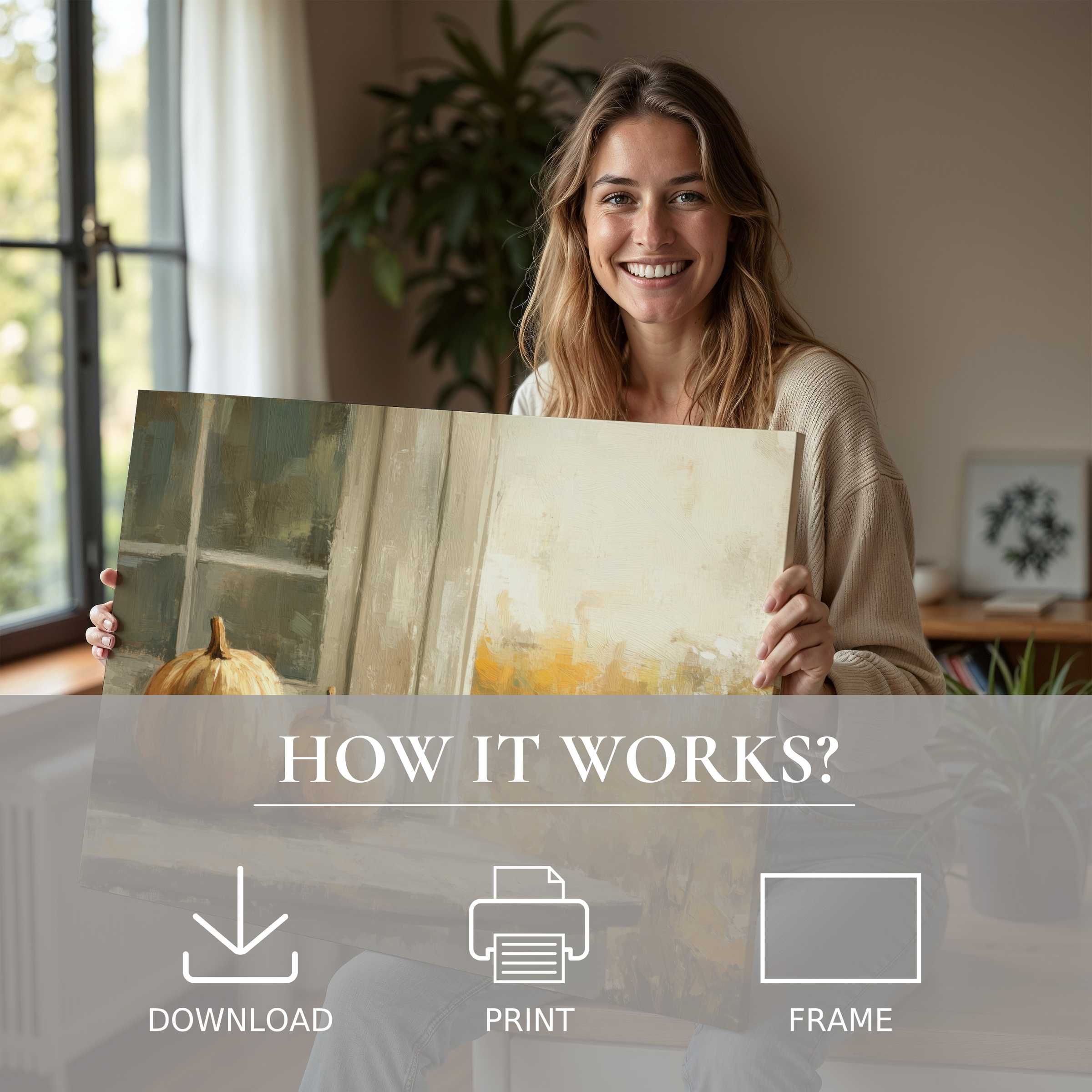 Radiant joy infuses a serene moment as a fall digital art print transforms a modern home with warm, timeless elegance