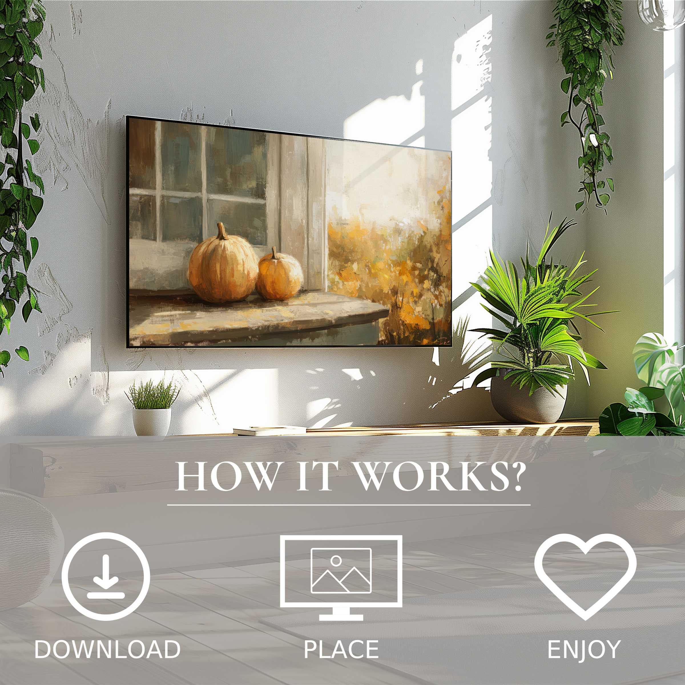Fall art for Samsung TV shows soft sunset tones with pumpkins; easy digital download enriches modern living spaces