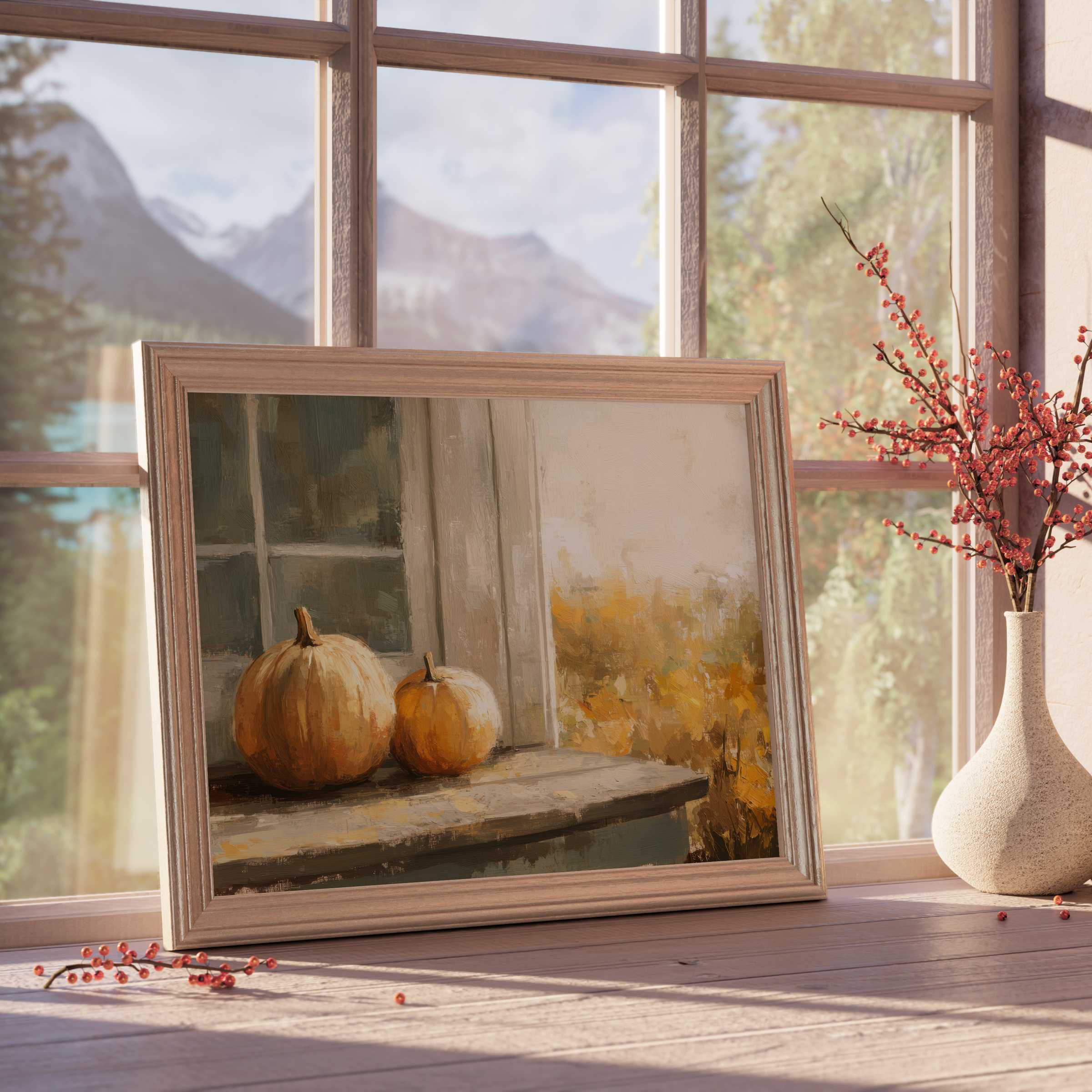 Warm and calm fall downloadable art with pumpkins by a rustic window, enhancing elegant, serene autumn interiors