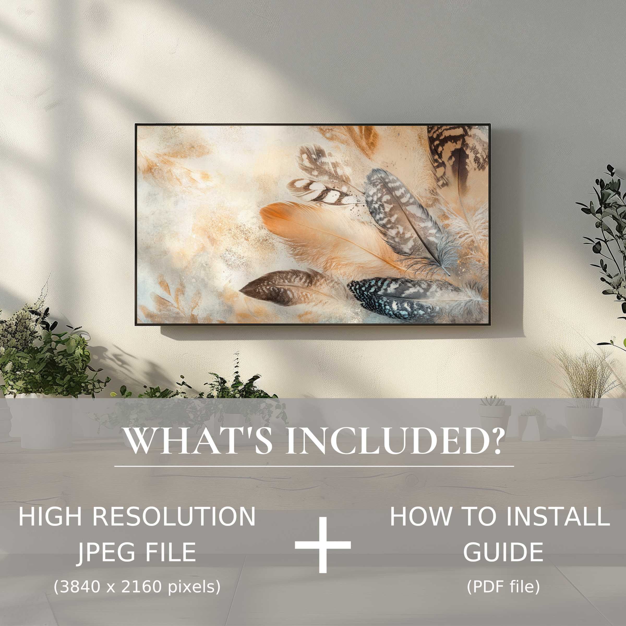 Elegant boho digital TV art download with feather motif, easy digital use, enhancing modern living space ambiance
