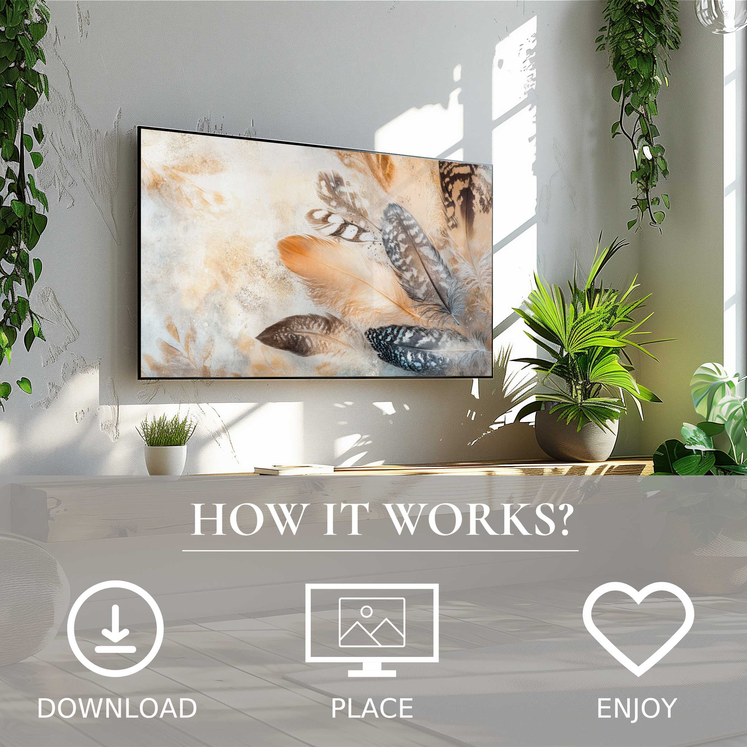 Boho art for Samsung TV shows soft feather tones in a bright room, easy digital download enhances your modern living space