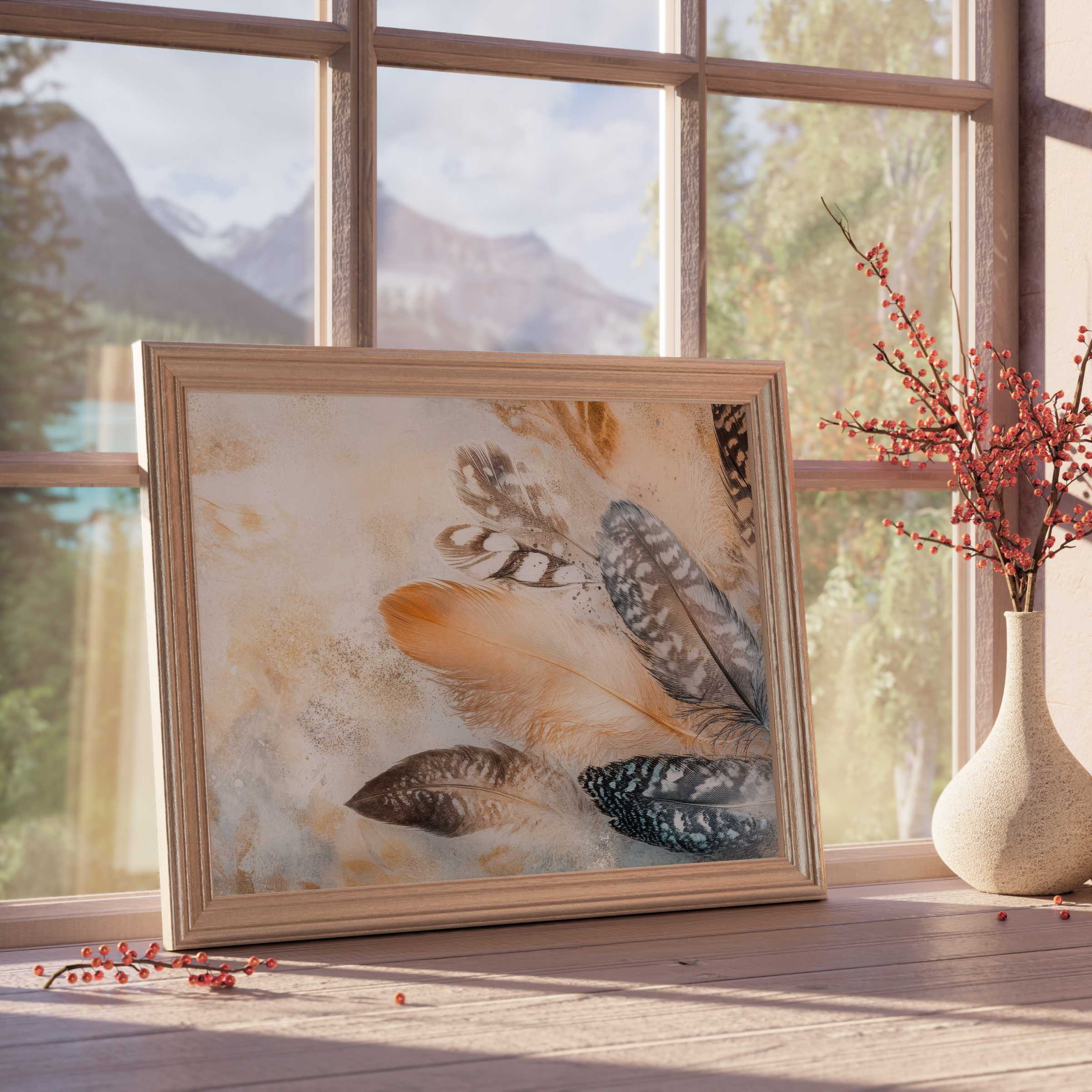 Boho downloadable art featuring delicate feathers in warm earth tones, enhancing serene, curated, nature-inspired interiors
