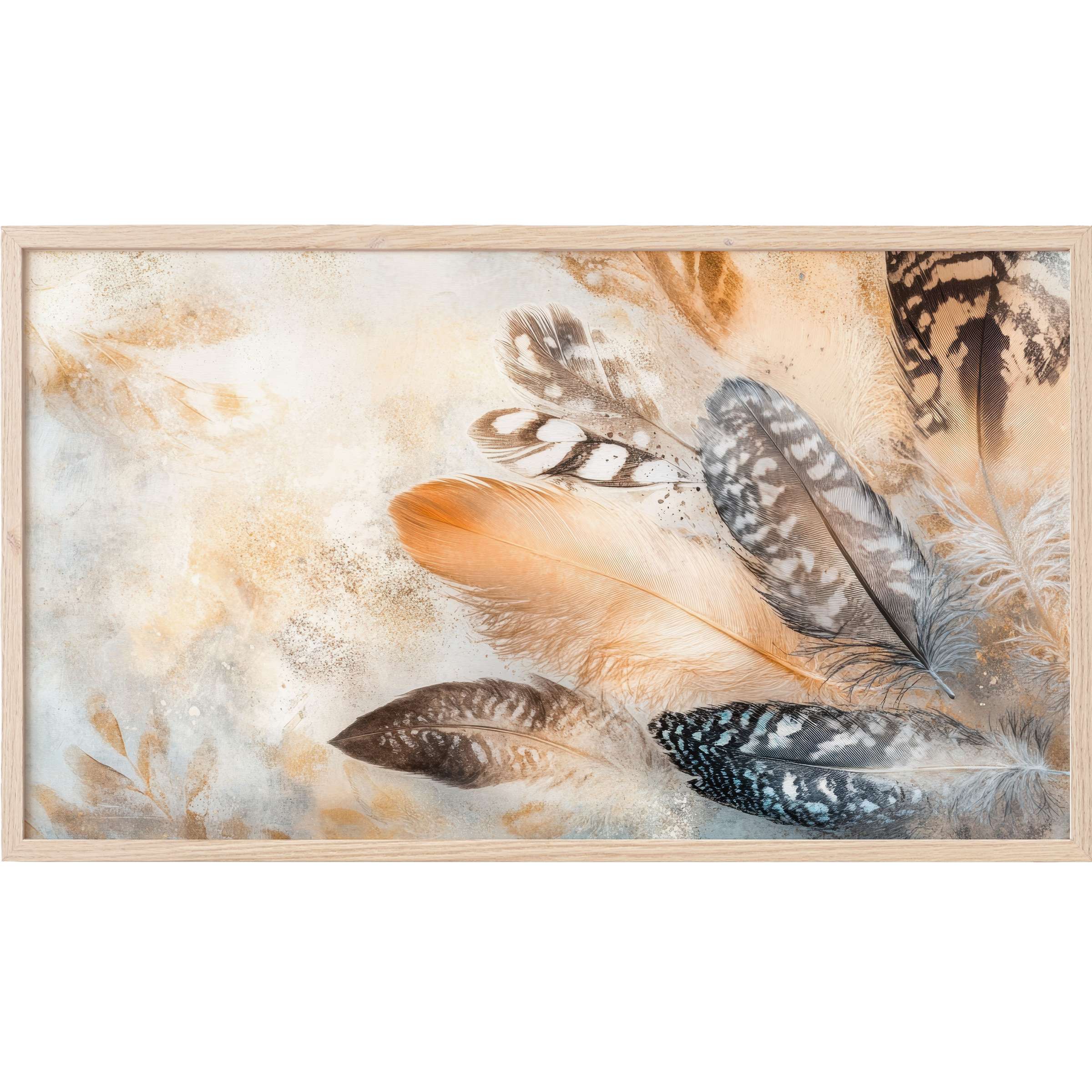 Boho Frame TV Art featuring soft, natural feathers in warm beige, grey, and subtle blue tones, evoking serene elegance