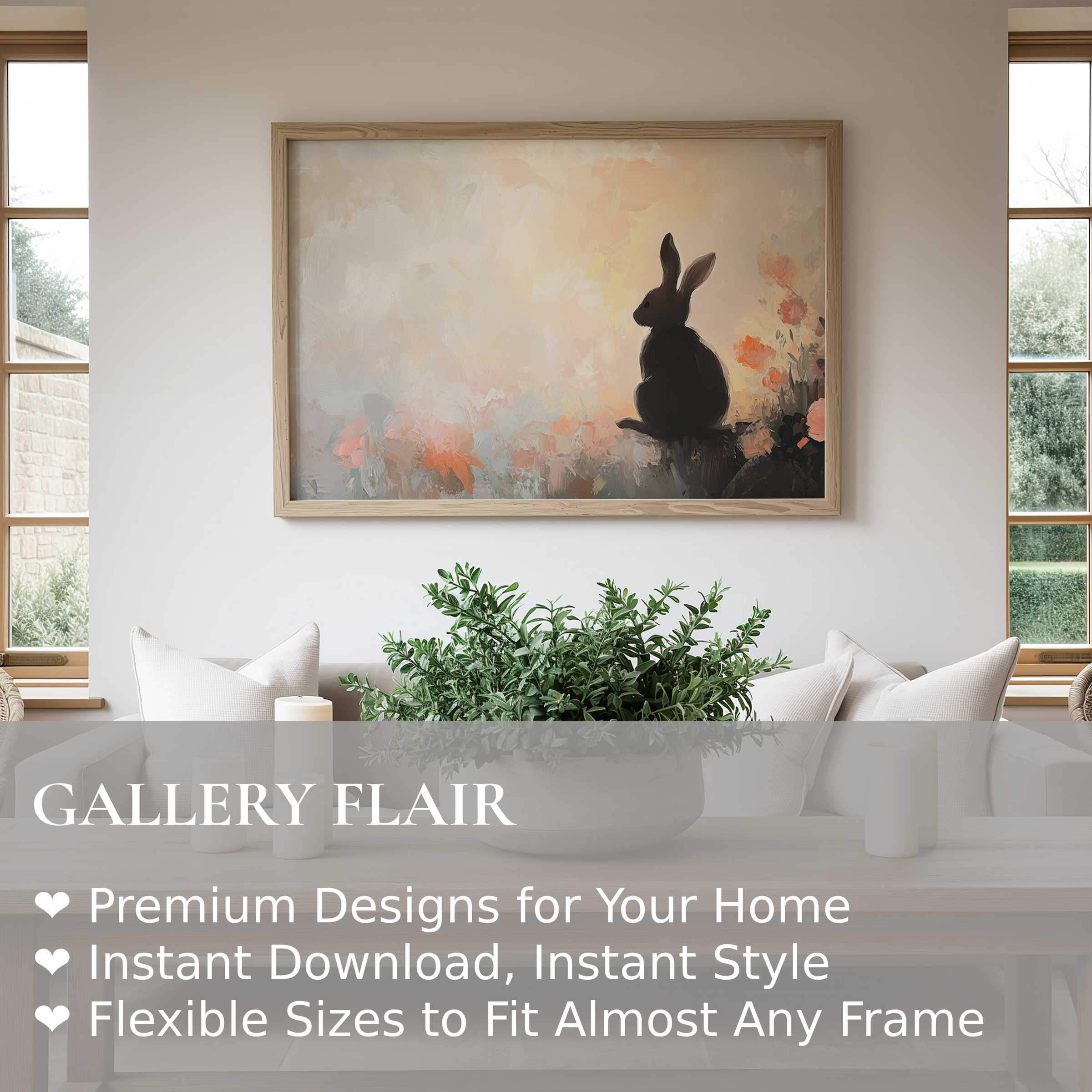 Elegant easter wall art print featuring a serene silhouette of a rabbit with soft pastels, enhancing modern farmhouse charm