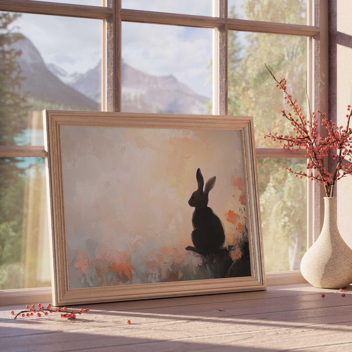 Easter downloadable art featuring a serene silhouette bunny amid soft florals, enhancing tranquil, curated interiors