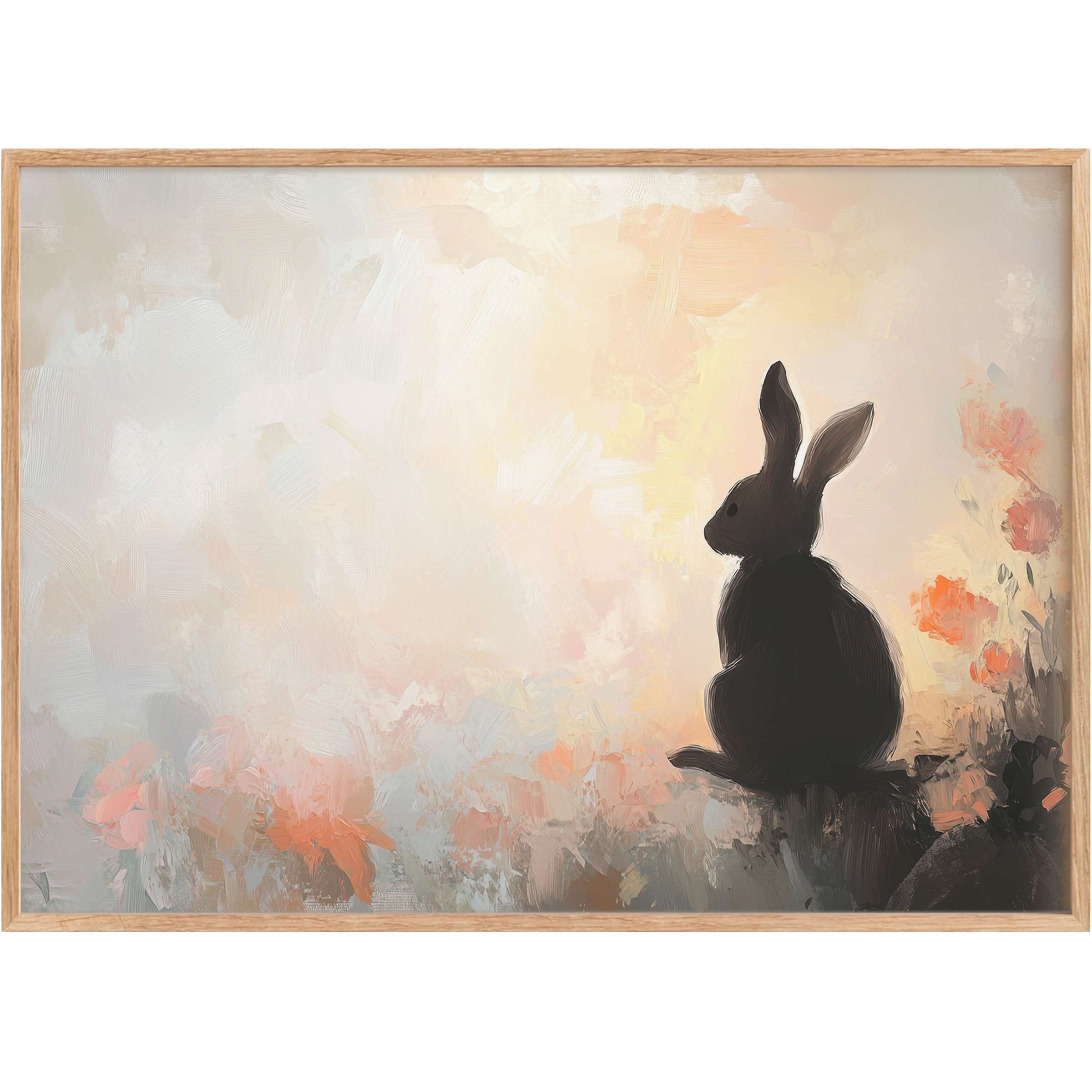 Elegant easter printable wall art featuring a serene black bunny silhouette amid warm peach and soft gray hues, evoking calm and grace