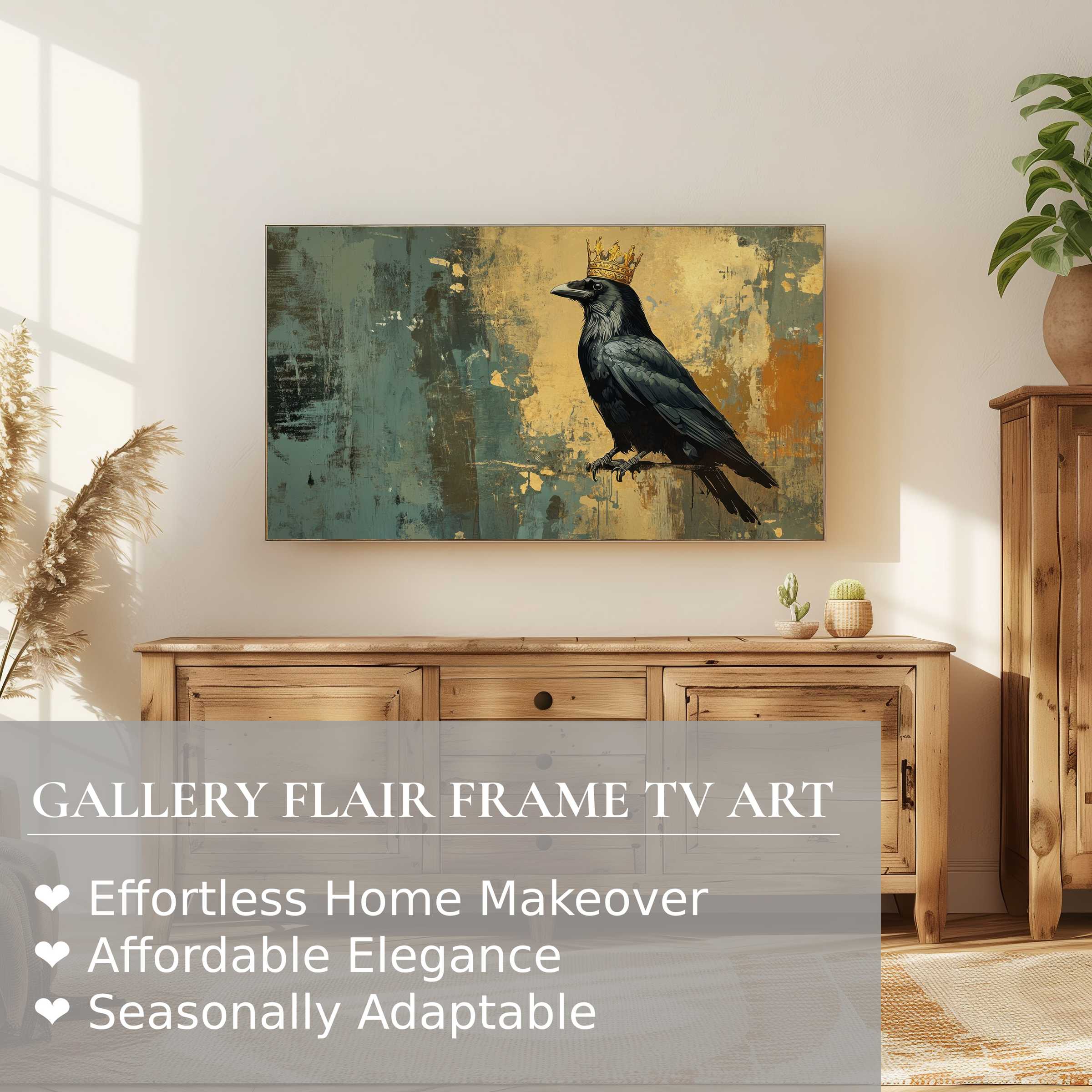 Modern living room with rustic wood, Samsung Frame TV showcasing elegant street art digital artwork of crowned crow