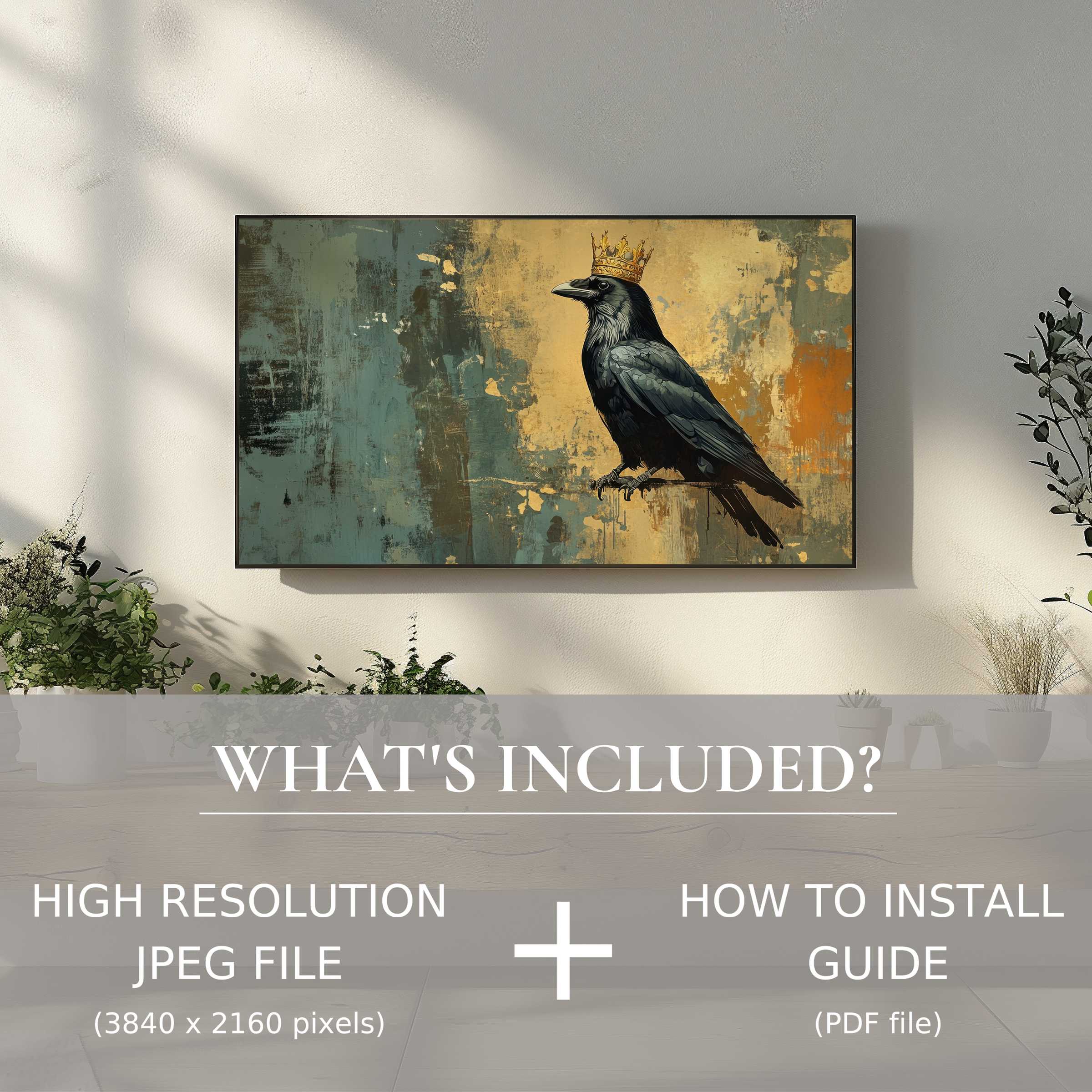 Elegant street art digital TV art download featuring a crowned raven, enhancing your space with easy digital use