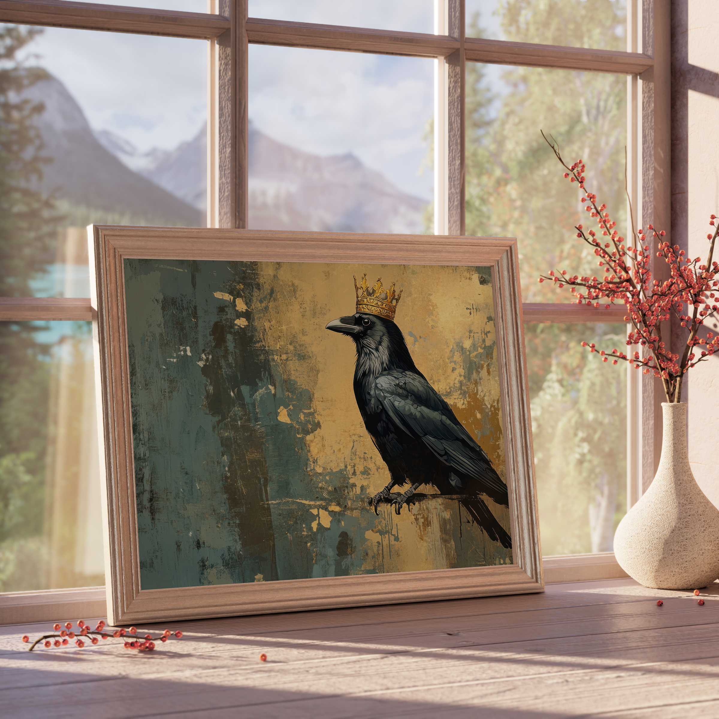 Regal crow crowned in gold, a striking street art downloadable art piece that elevates curated, tranquil interiors with urban sophistication