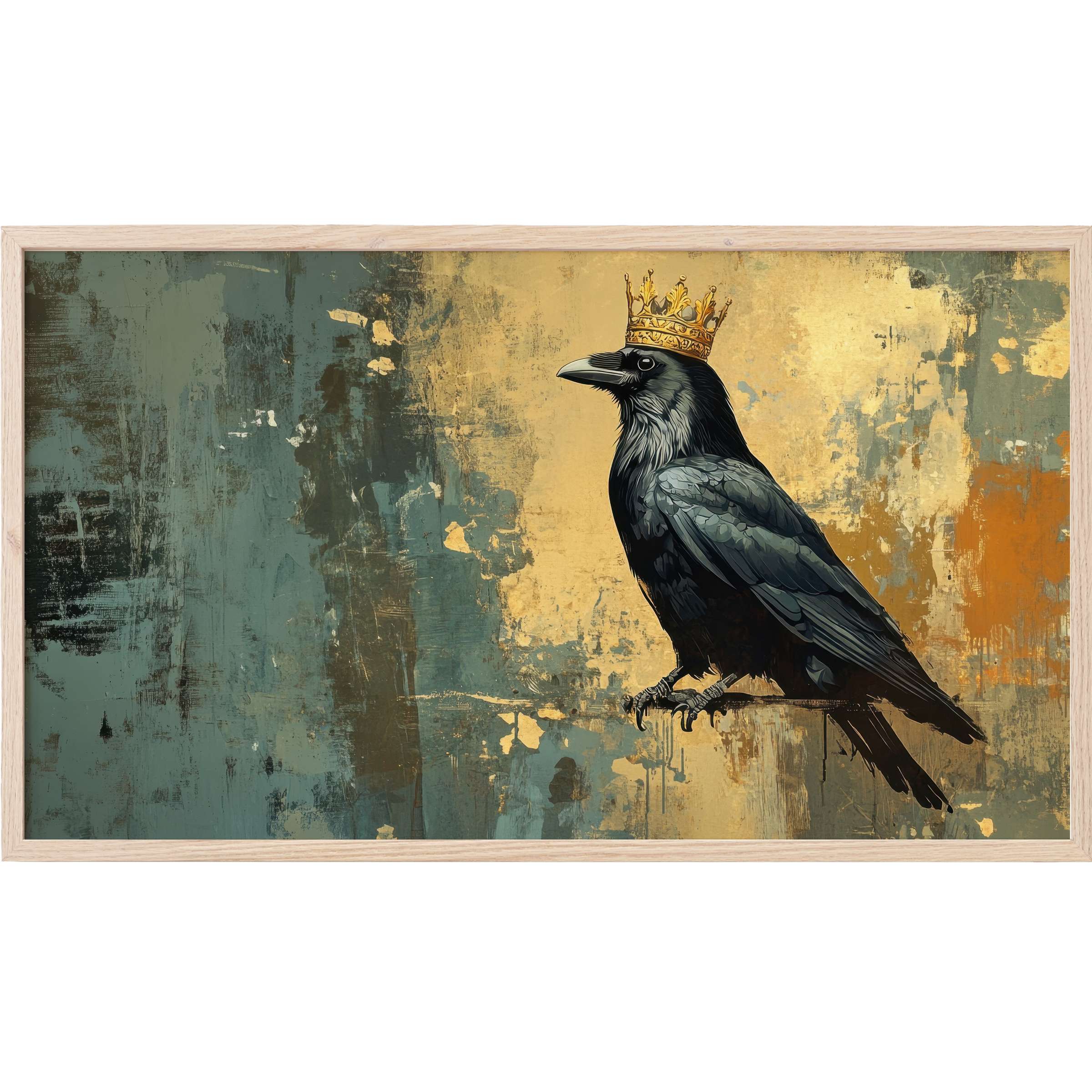 Street art Frame TV Art depicting a crowned raven in muted gold, teal, and burnt orange with a textured abstract background