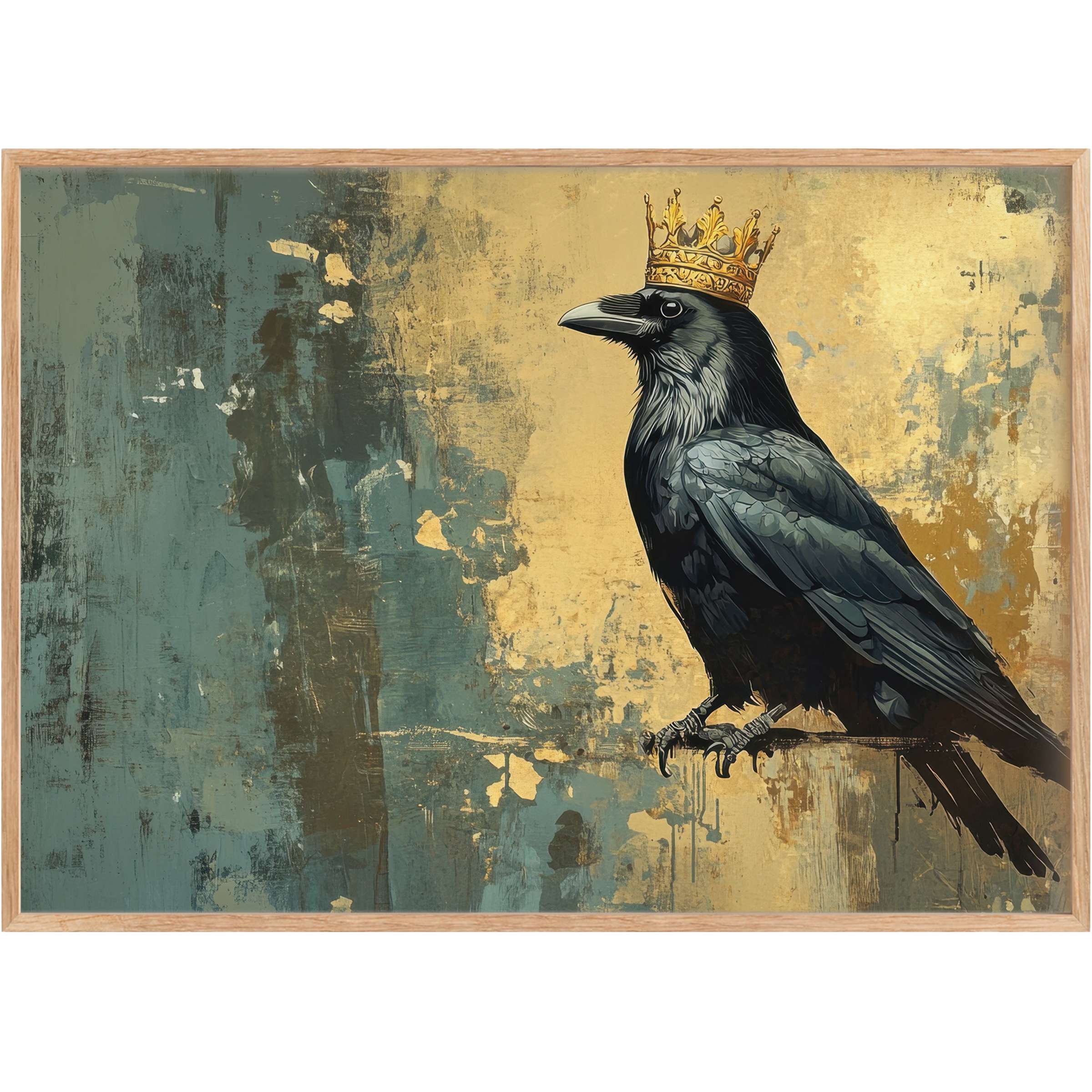 Regal raven crowned in gold, street art printable wall art blending bold black and muted teal for a commanding, sophisticated vibe
