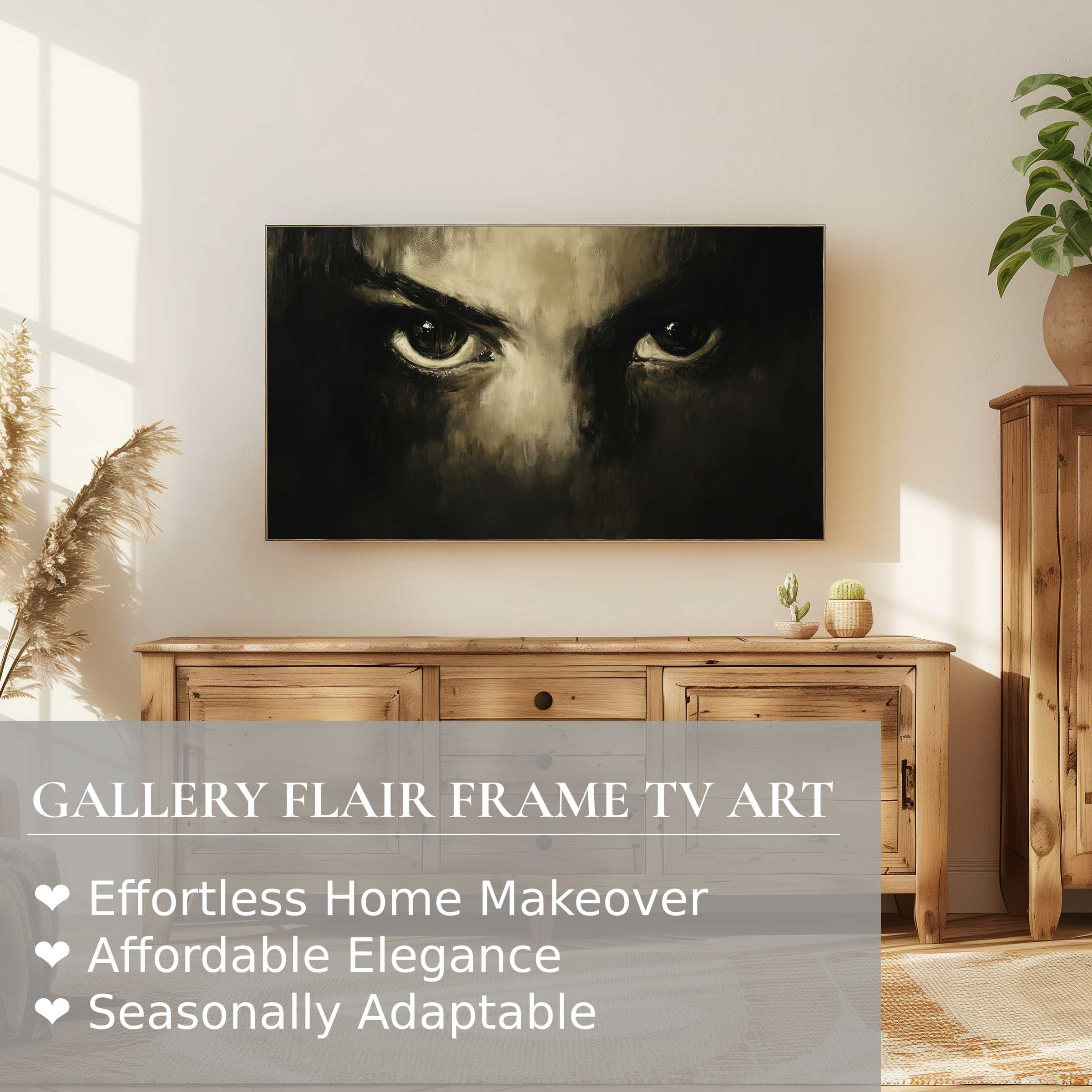 Samsung Frame TV displaying intense eyes in haunting halloween digital artwork, blending eerie elegance with modern home decor