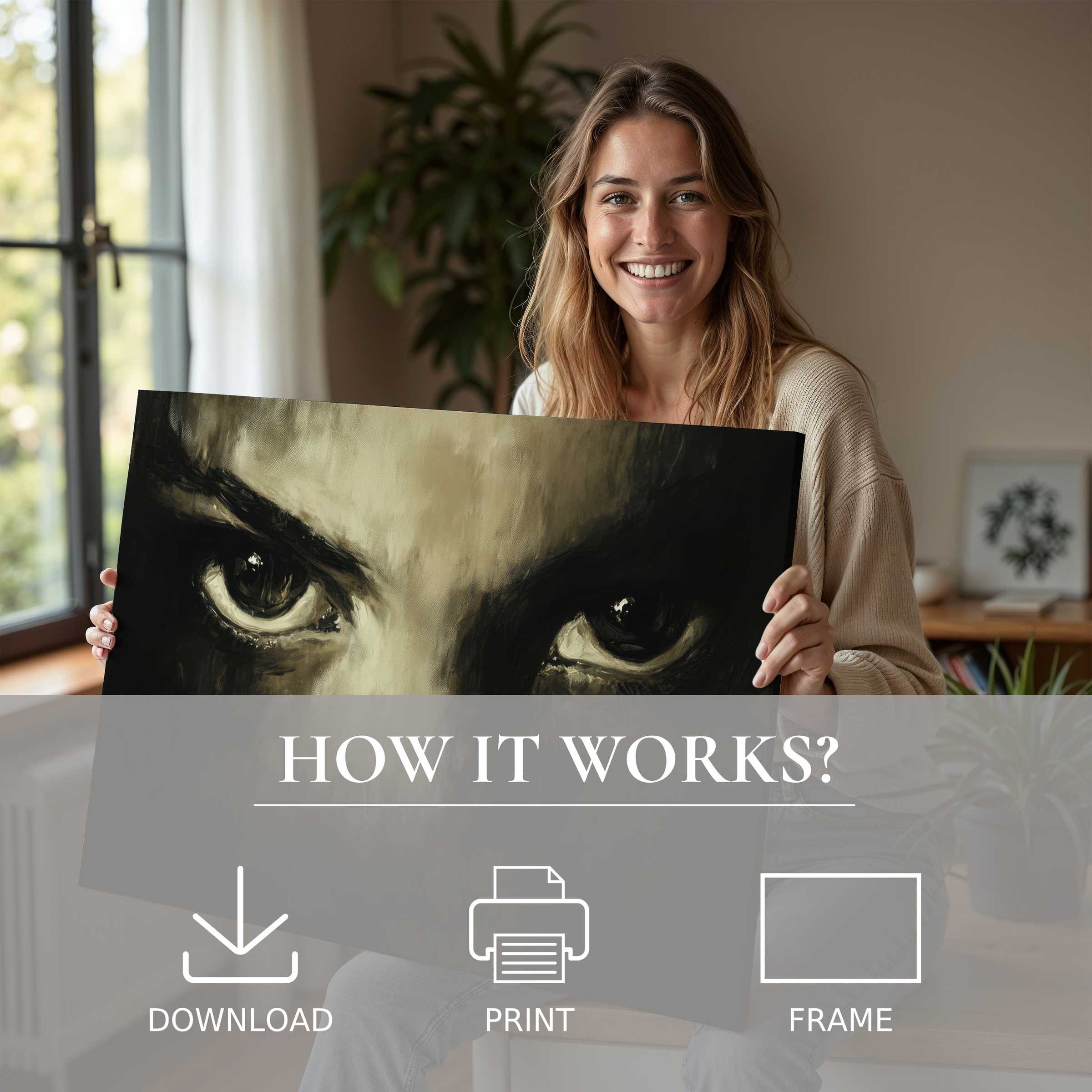 Woman in a serene modern home embraces a striking Halloween digital art print, capturing a moment of joy and effortless style