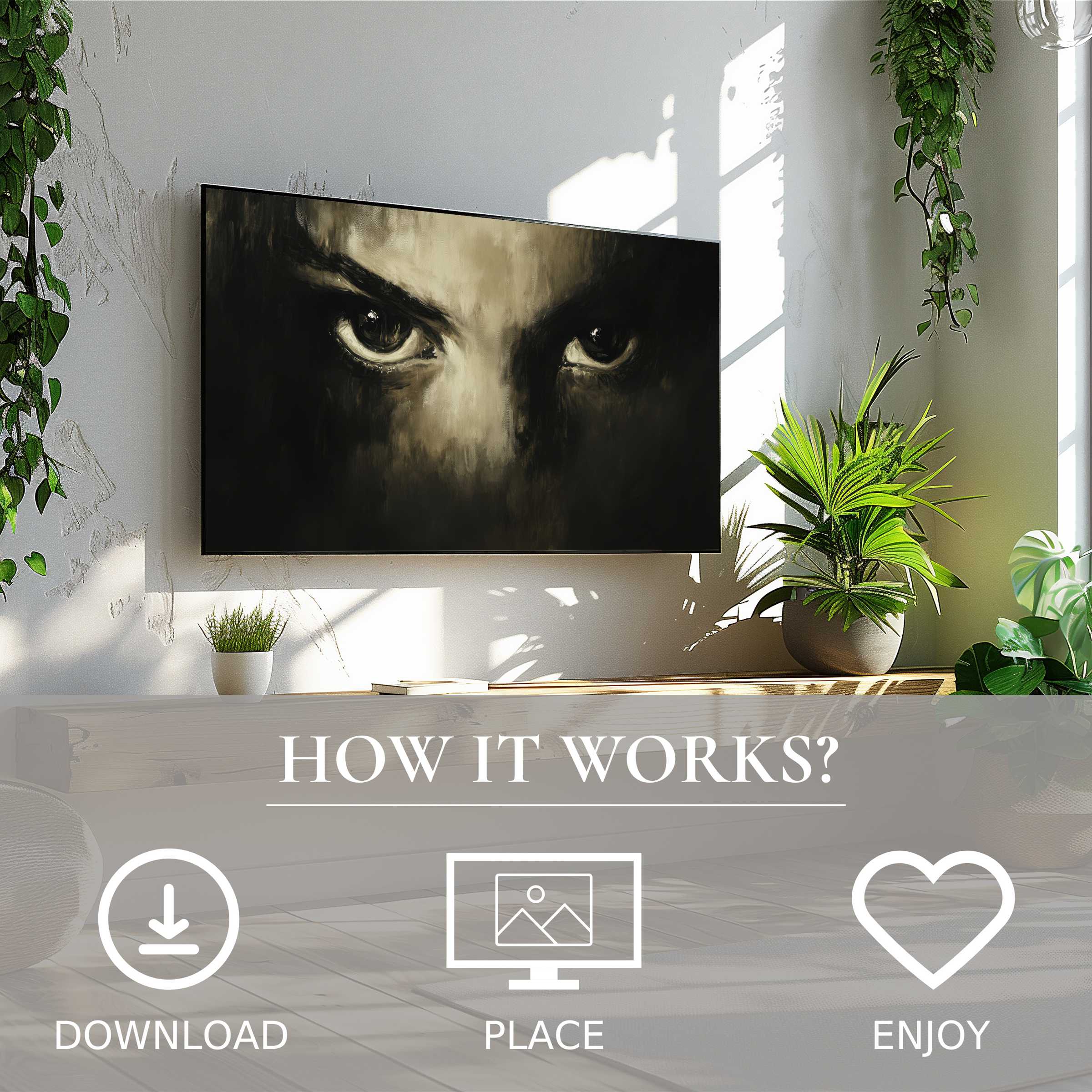 Halloween art for Samsung TV showing intense eyes in dark tones, easy digital download enriches modern living spaces