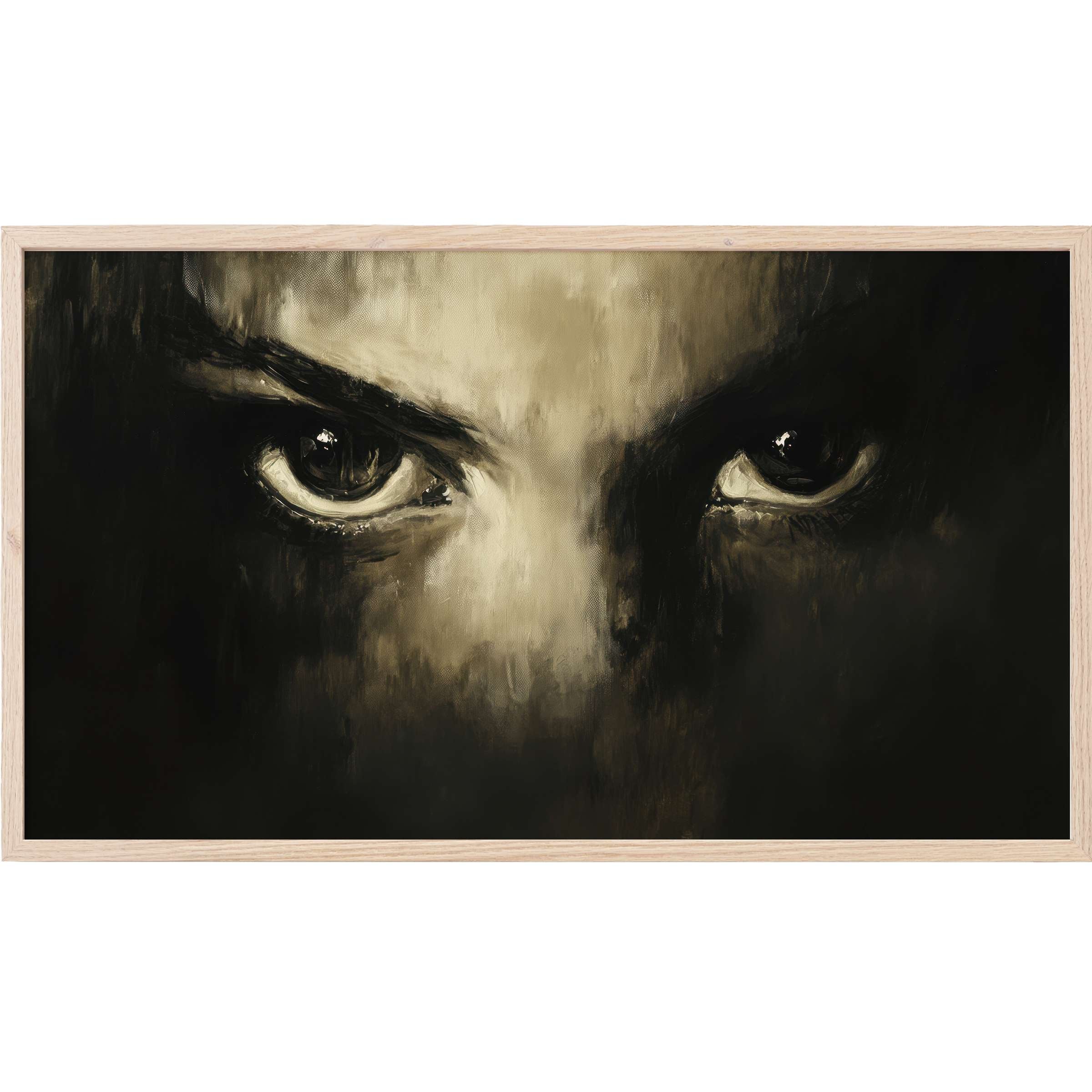 Dark and moody portrait in deep blacks and muted golds, evoking mystery and intensity, perfect halloween Frame TV Art