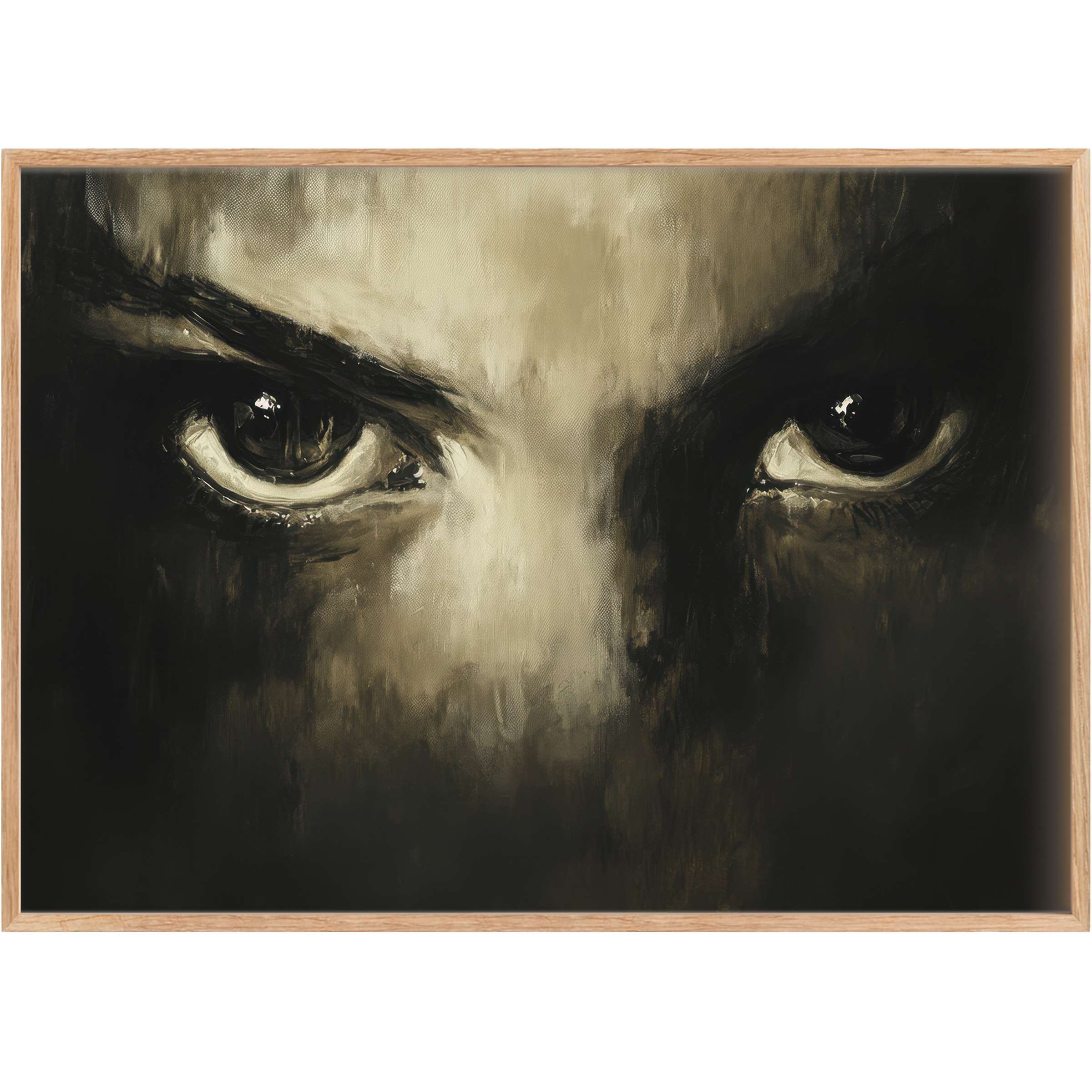Intense gaze in smoky blacks and muted golds creates a bold, mysterious ambiance-perfect Halloween printable wall art for chic spaces