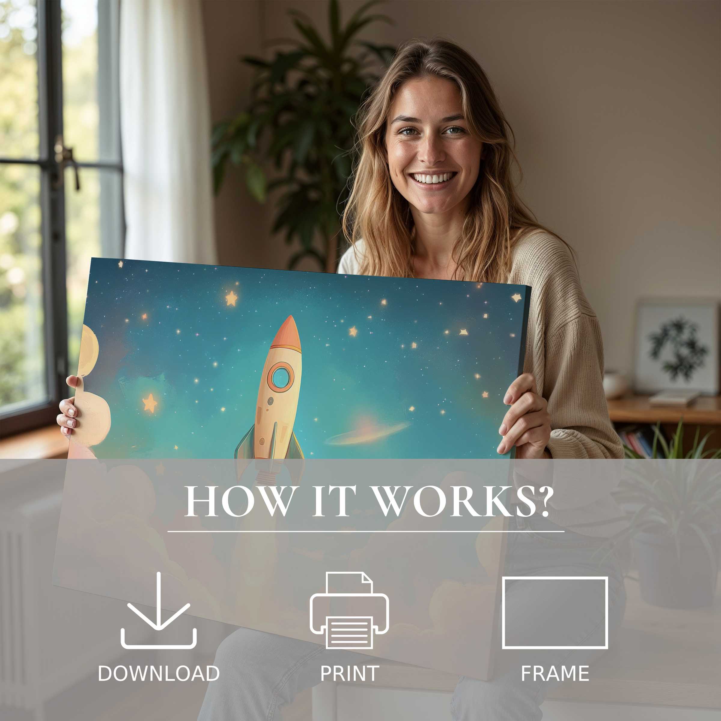 Joyful moment unveiling a nursery digital art print with a dreamy rocket and stars, enriching modern home life
