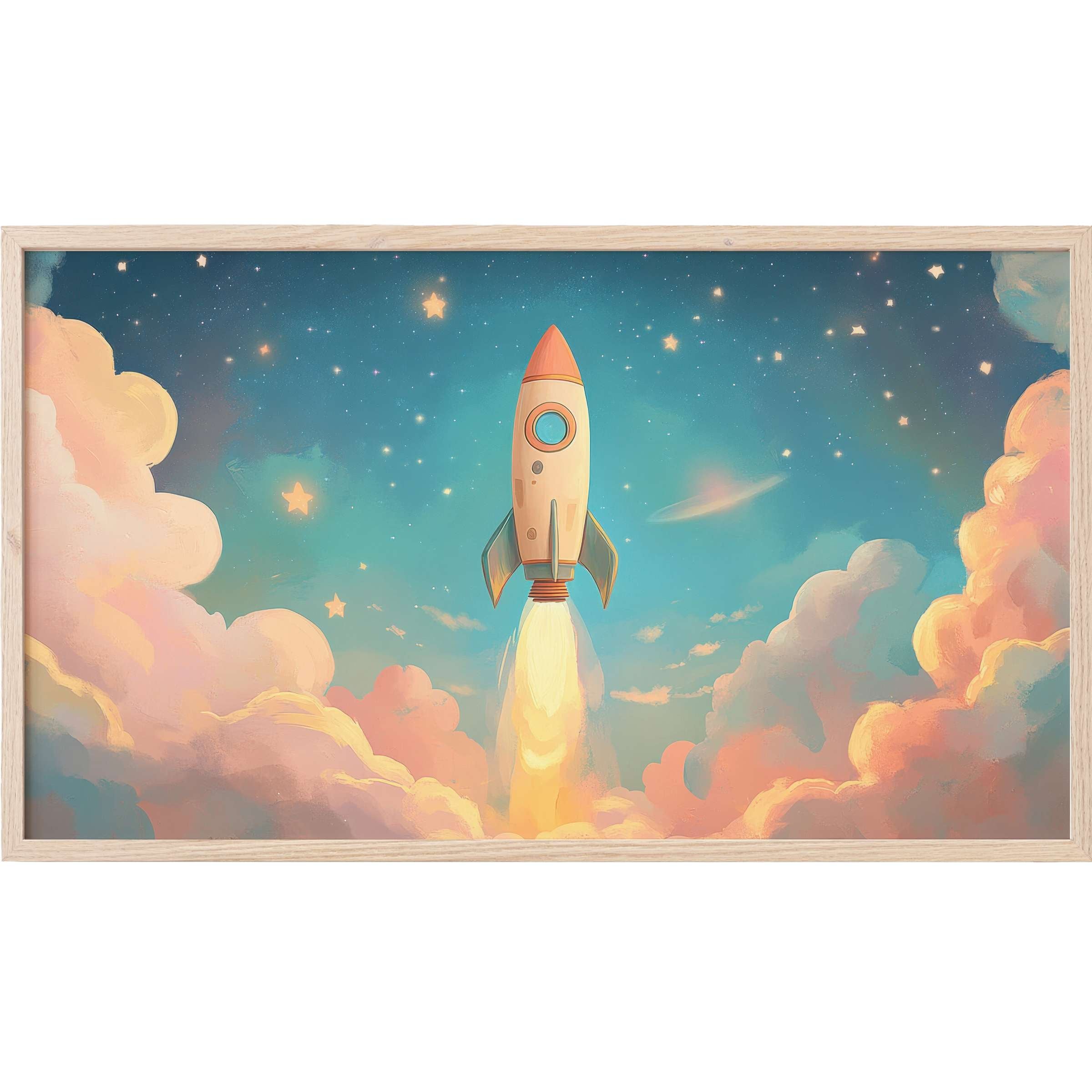 Whimsical rocket ascending through pastel clouds and starlit sky in soft hues, nursery Frame TV Art