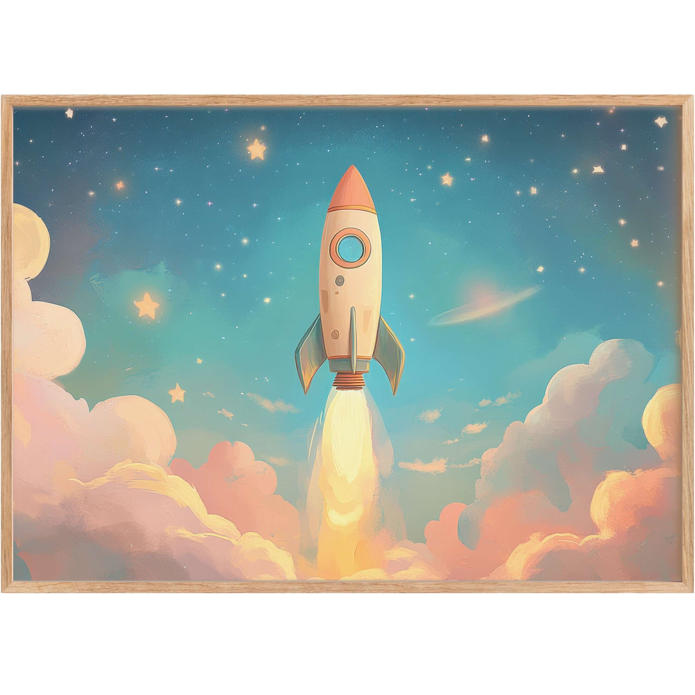Dreamy nursery printable wall art featuring a gentle rocket launch in soft blues and warm peaches, evoking wonder and calm