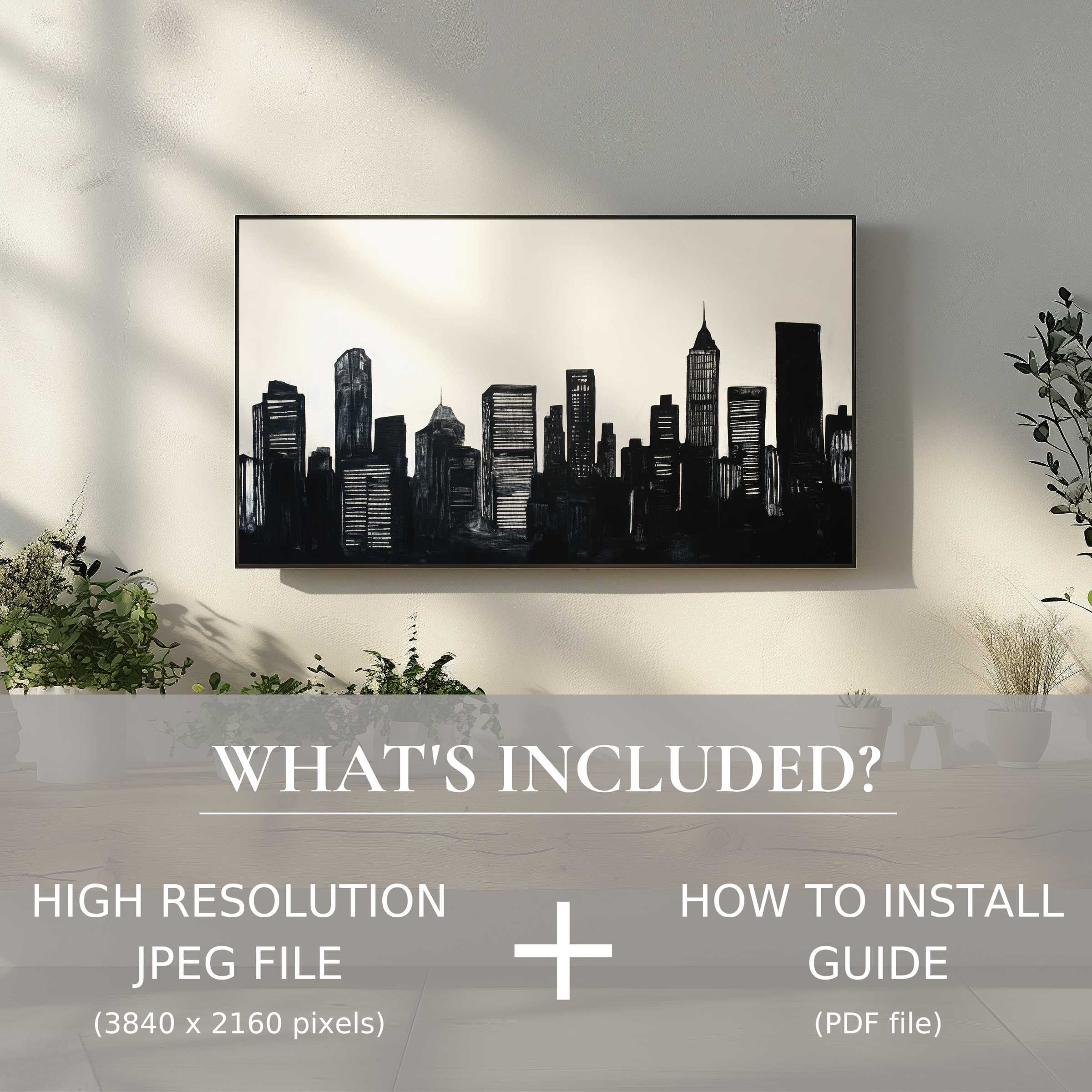 Elegant black and white digital TV art download enhances modern living spaces with effortless digital use and sleek cityscape design