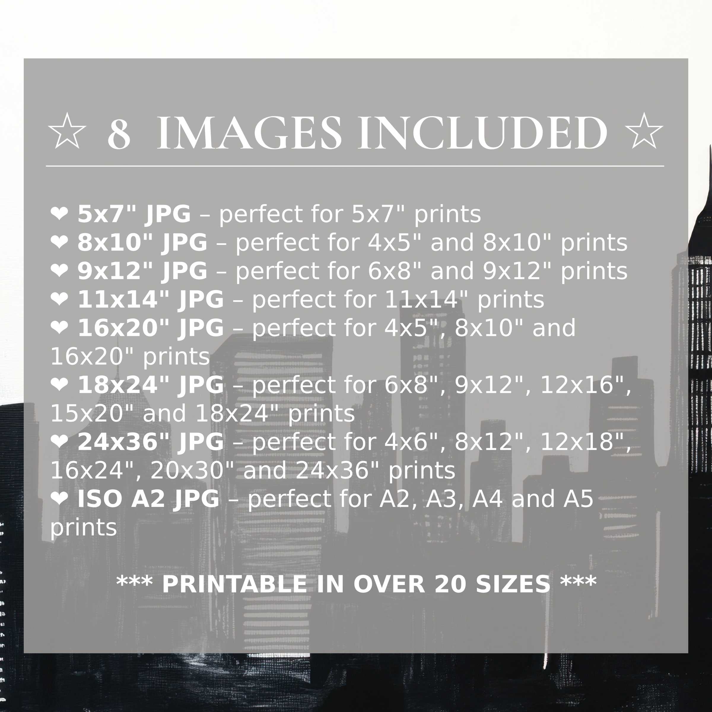 Black and white digital print exudes bold urban elegance in deep blacks and radiant whites, delivering 8 high-quality sizes for versatile modern interiors