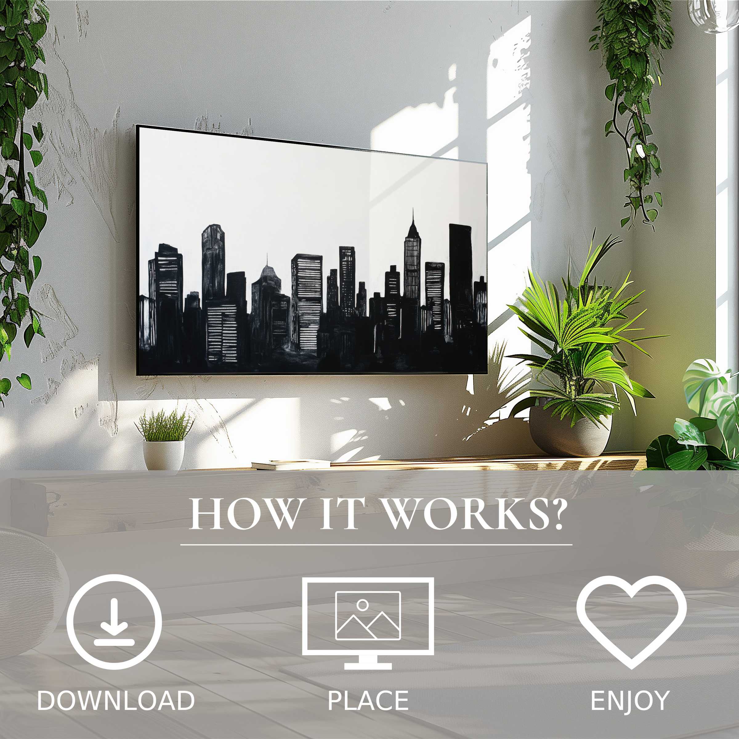 Black and white art for Samsung TV showing abstract cityscape, easy digital download, elevates modern living spaces