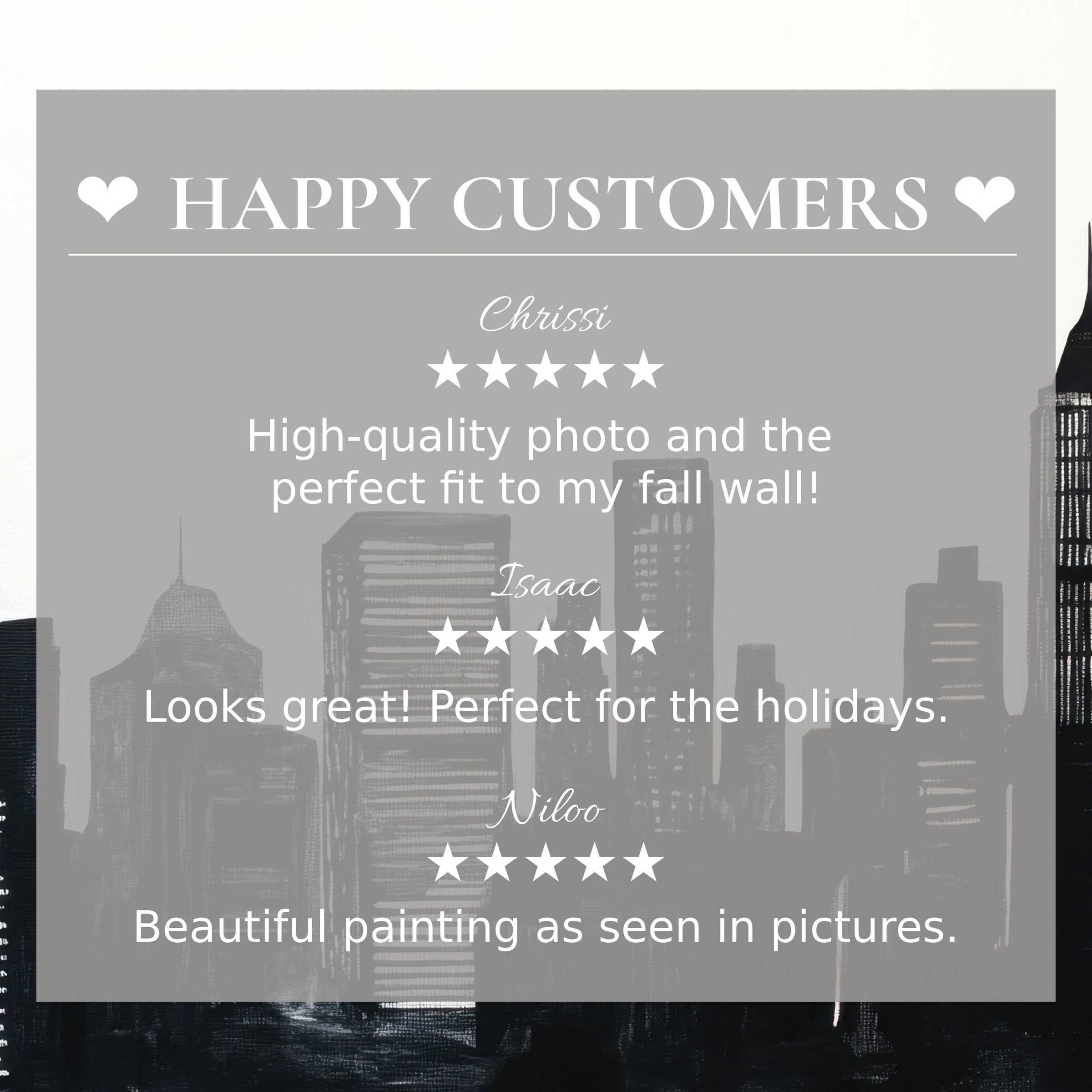Elegant black and white art for Frame TV with skyline backdrop and happy customer reviews building trust and style appeal