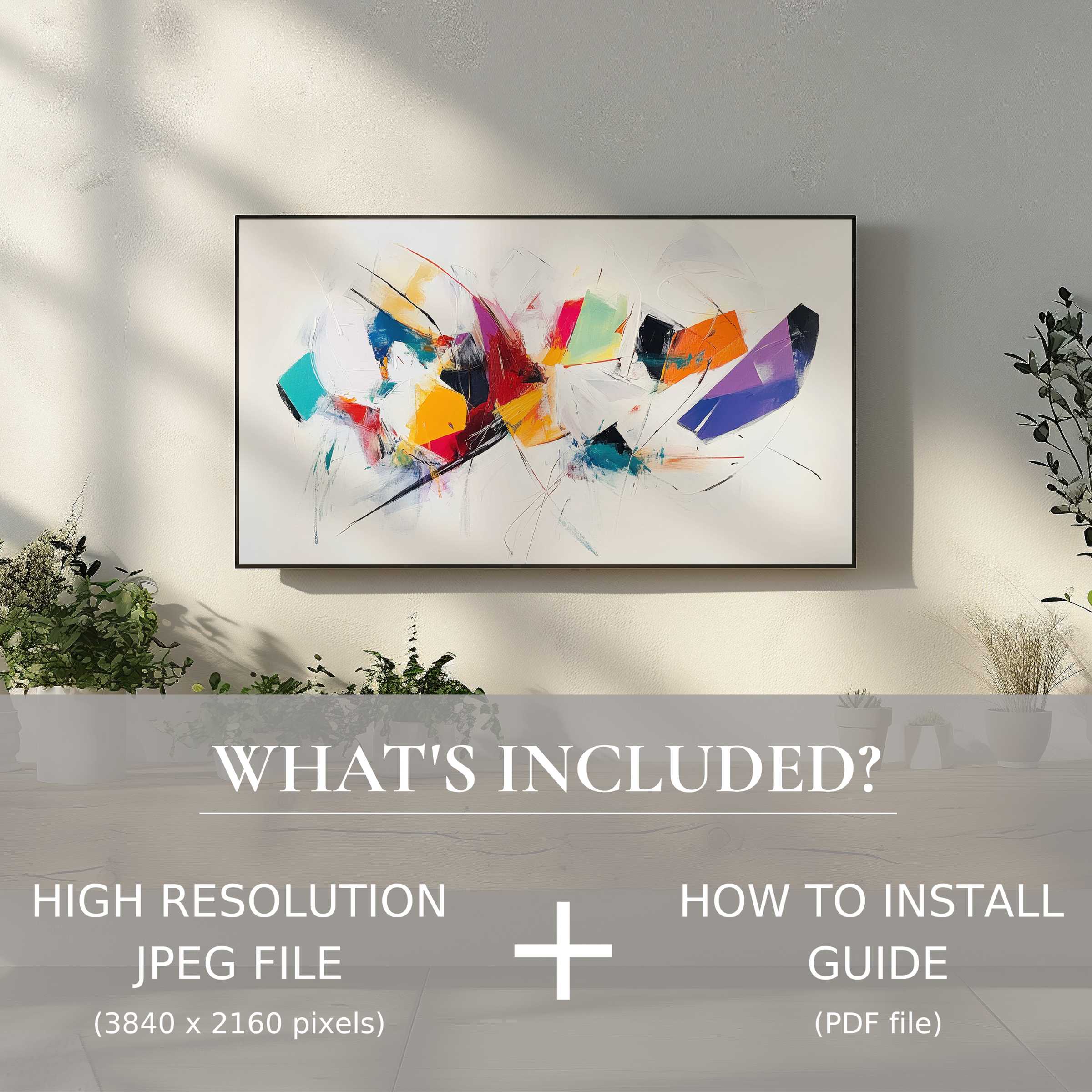 Elegant living room boasts vibrant abstract digital TV art download, enhancing space with effortless digital display