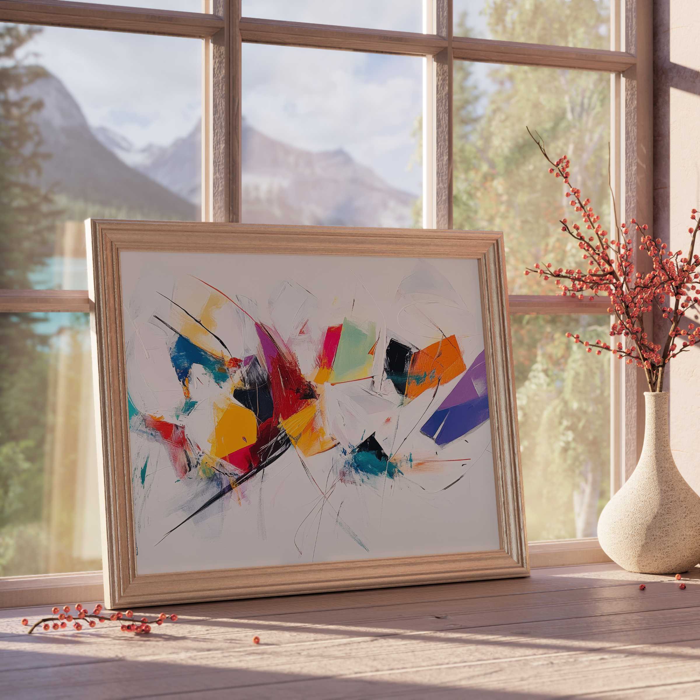 Vibrant abstract downloadable art in muted wood frame, infusing curated interiors with dynamic color and serene, design-forward elegance