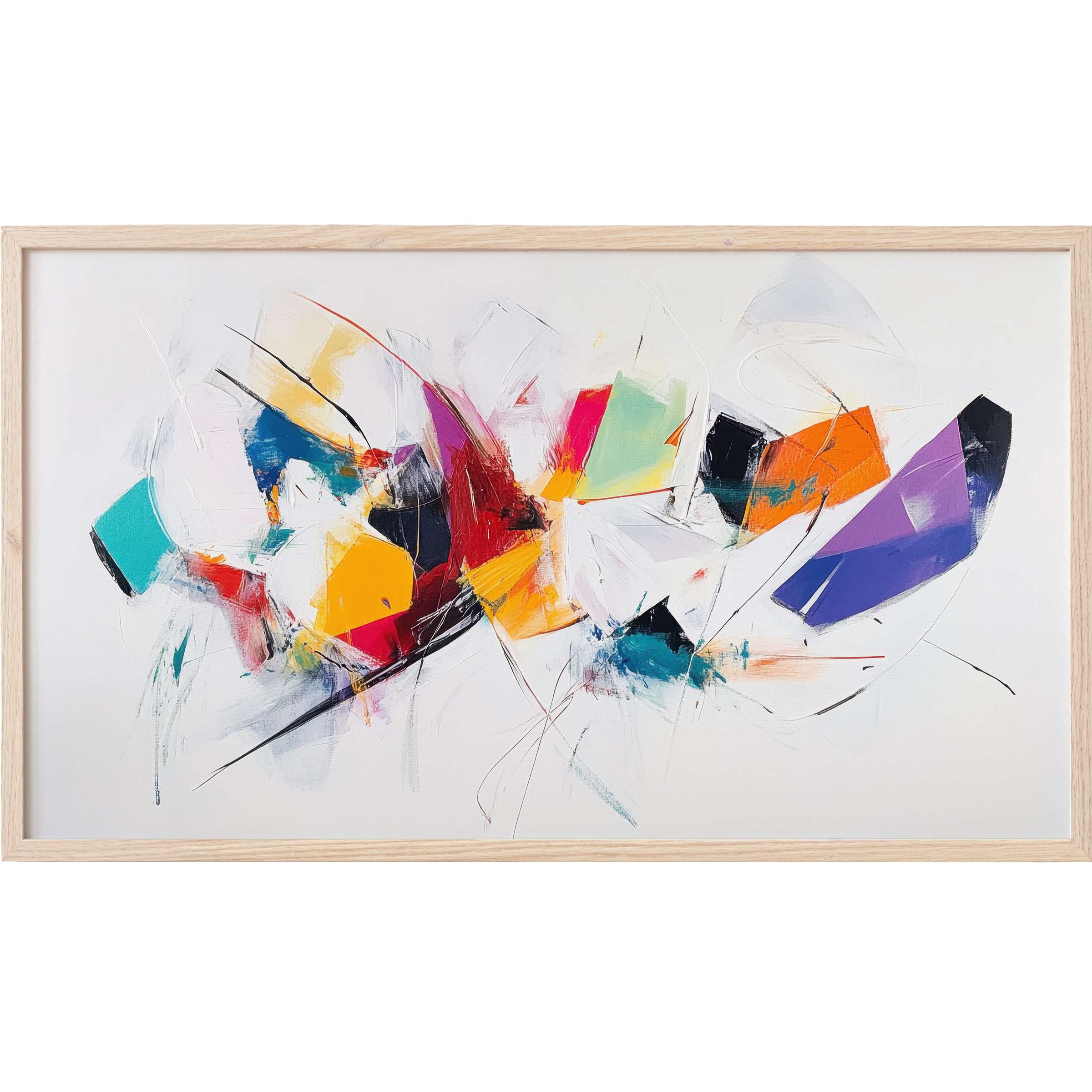 Vibrant abstract Frame TV Art with bold splashes of orange, purple, red, and teal on a clean white background