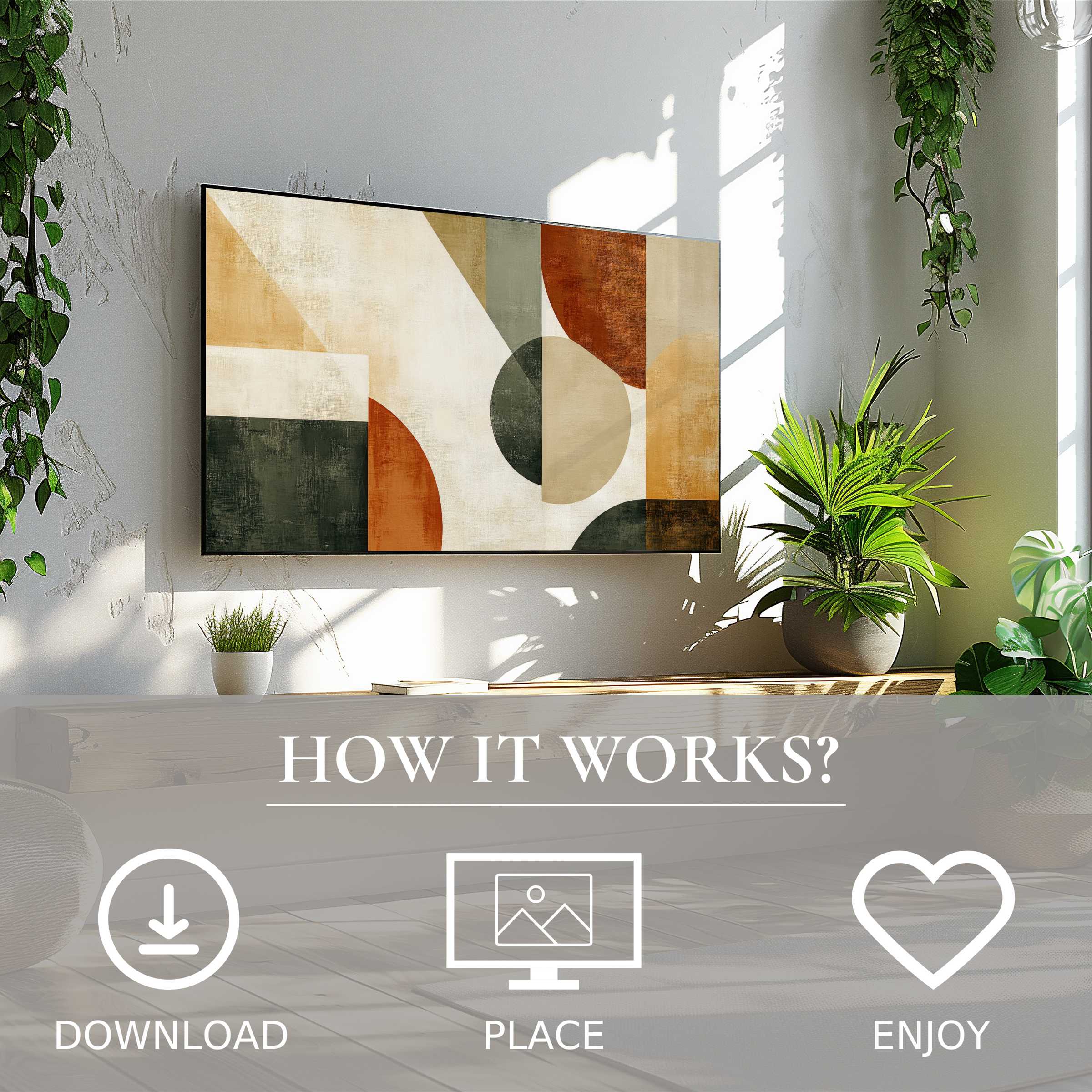 Modern art for Samsung TV with earthy geometric shapes, easy digital download enriching stylish living spaces