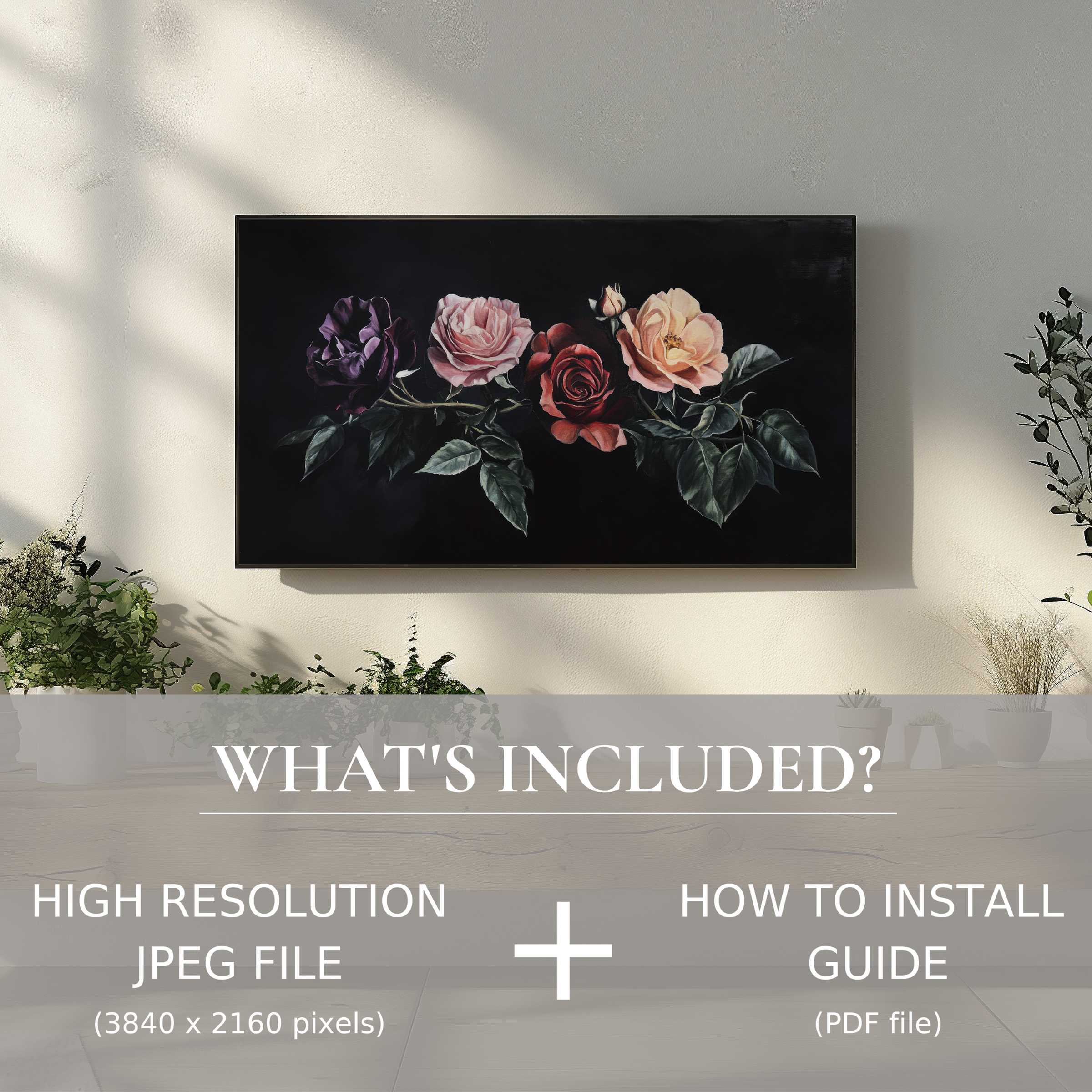 Elegant floral digital TV art download enhances chic living spaces with easy digital use and stunning high-res detail