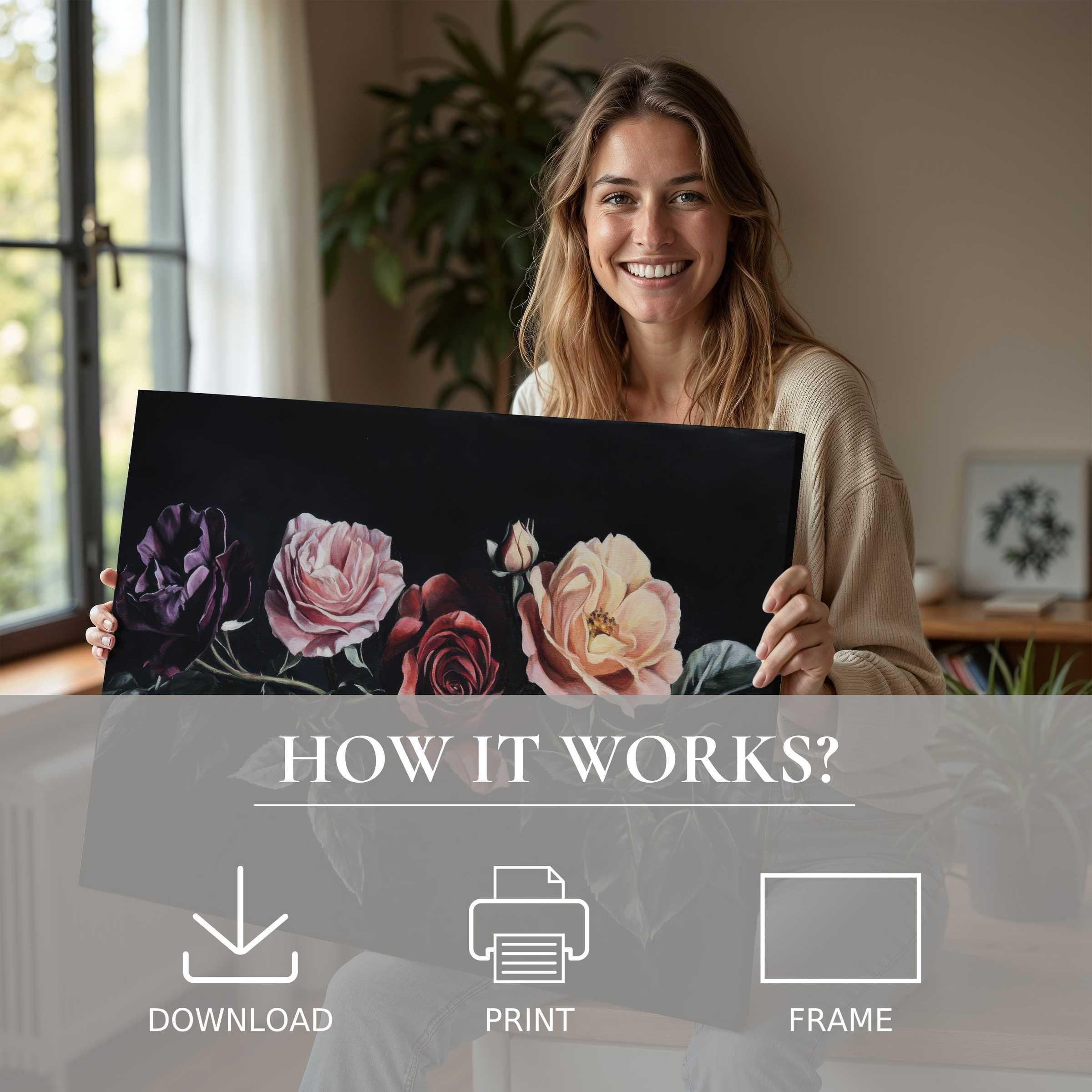 Radiant joy infuses serene modern living as a floral digital art print, blending timeless elegance and effortless beauty