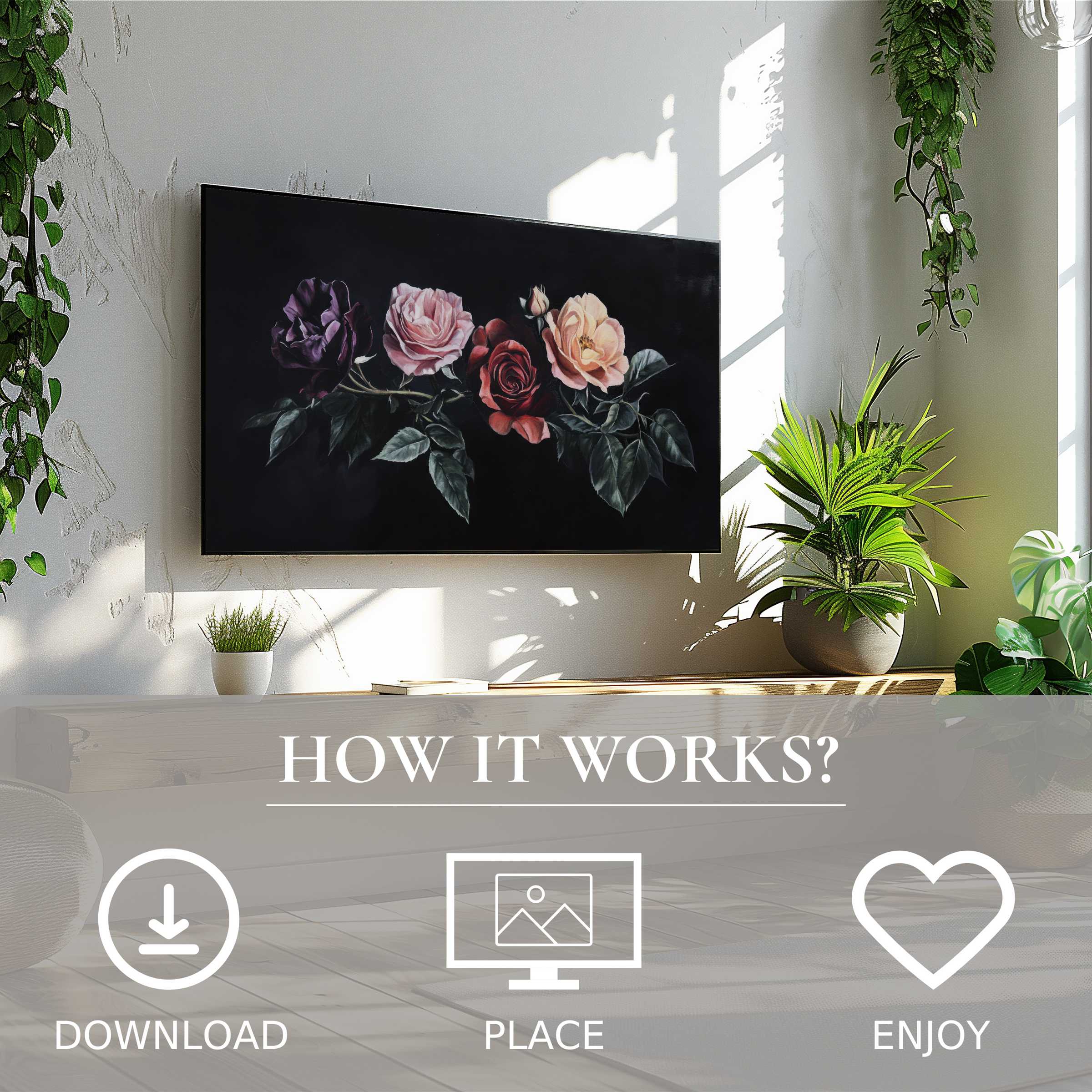Floral art for Samsung TV with dark floral motif, easy digital download, enriches bright modern living spaces