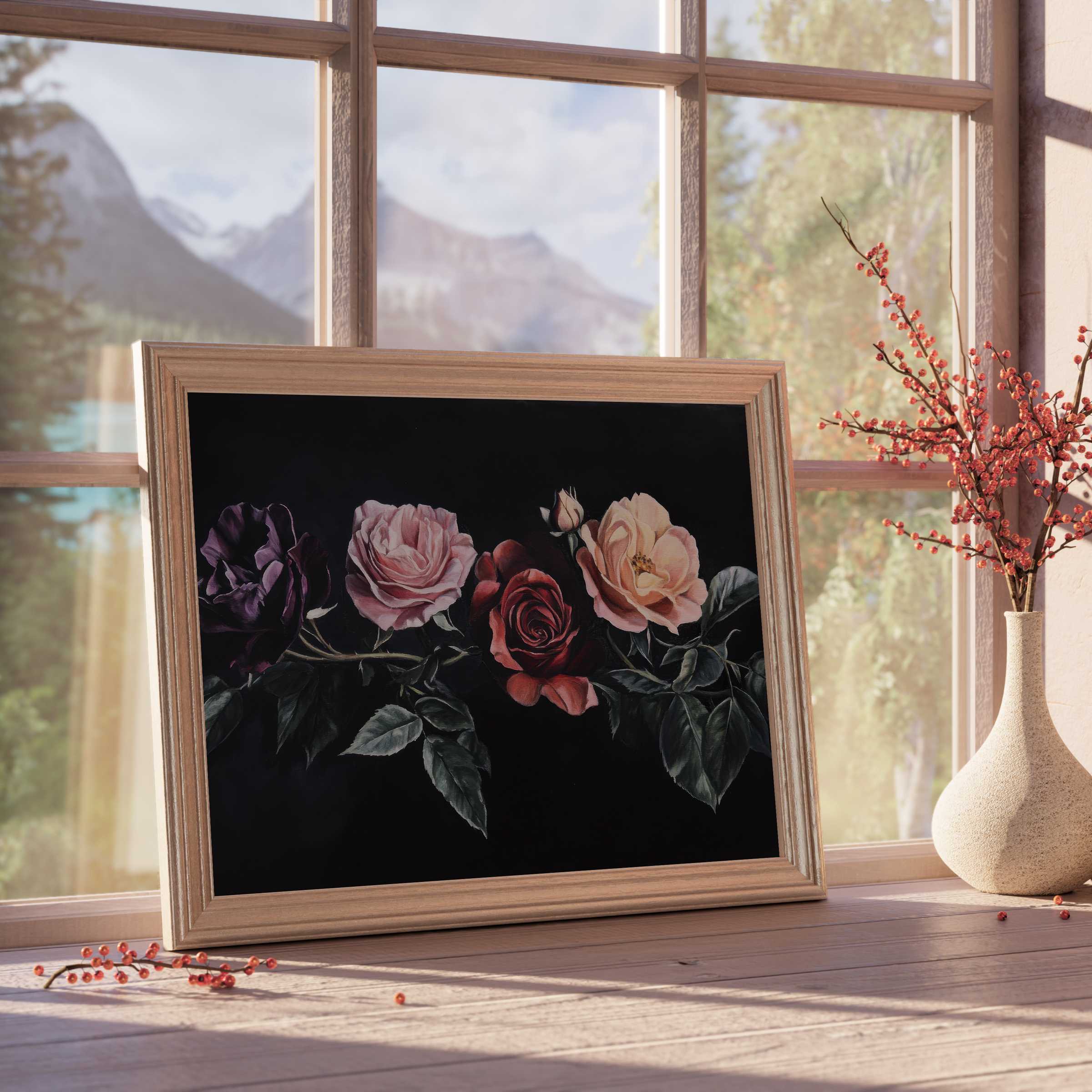 Floral downloadable art featuring elegant roses on dark backdrop, radiating timeless beauty in curated, serene design-forward spaces