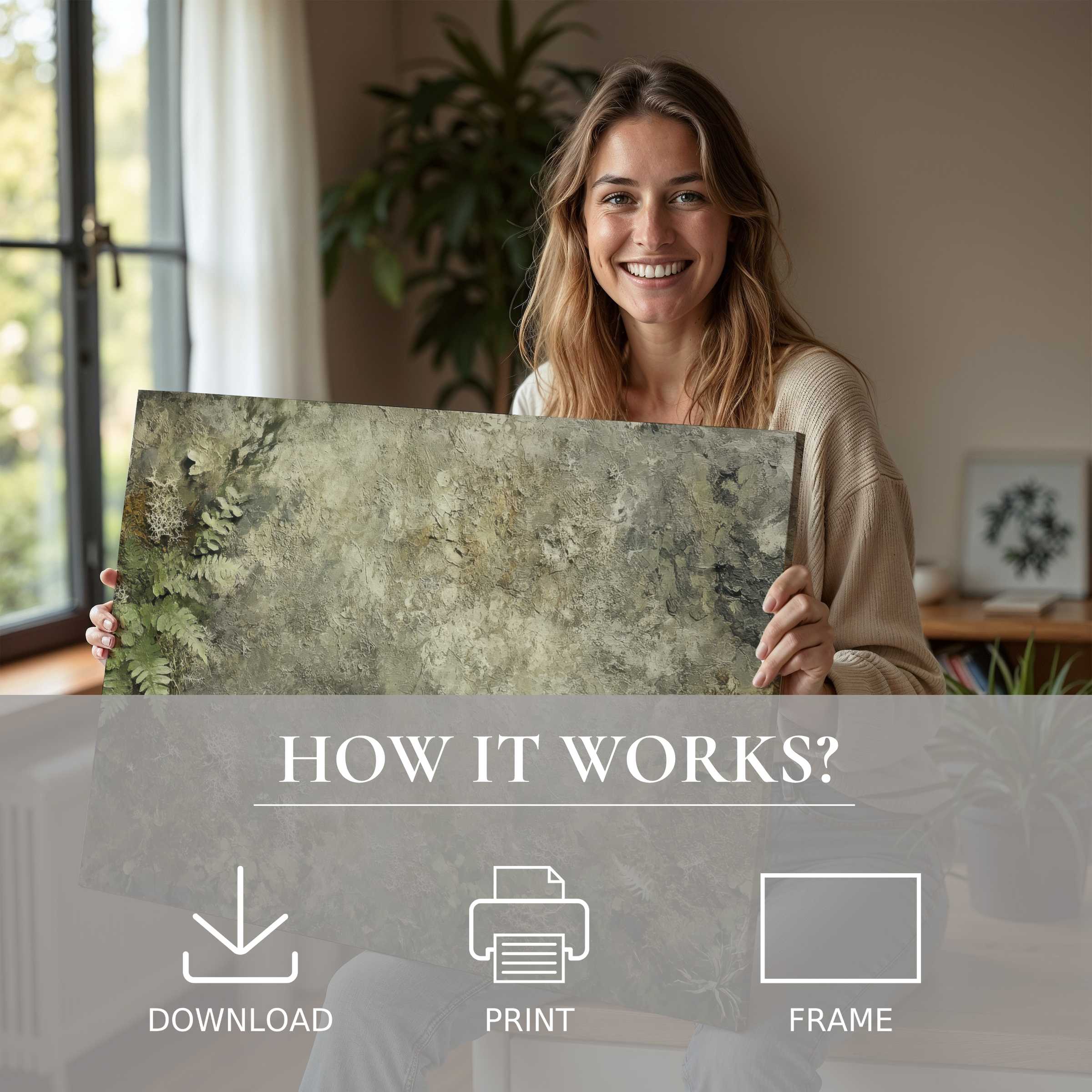 Woman joyfully presenting a Botanical digital art print in a serene, modern living space, embracing art’s effortless elegance