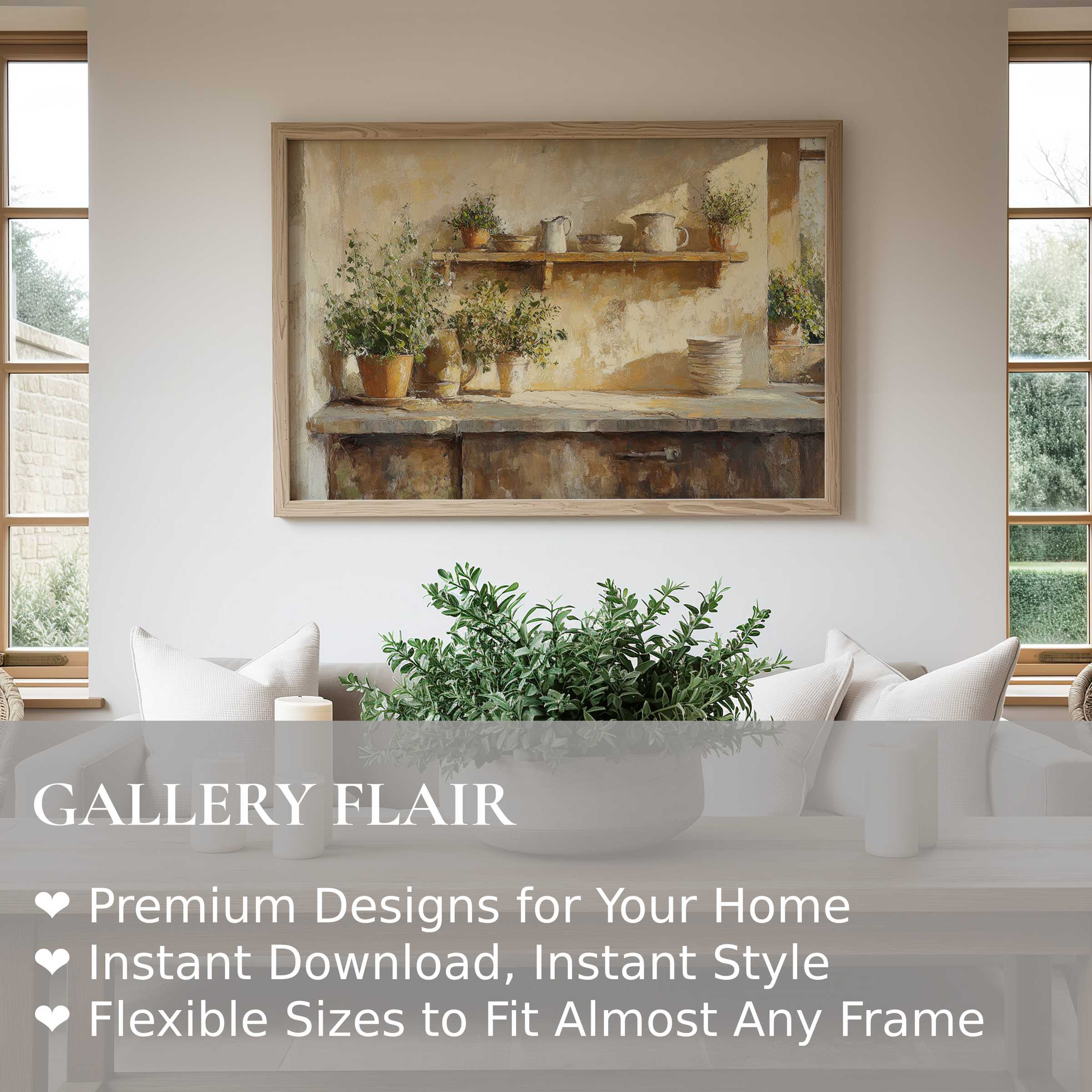 Farmhouse wall art print with rustic charm featuring soft, warm tones and vintage kitchen elements, enhancing serene modern farmhouse interiors