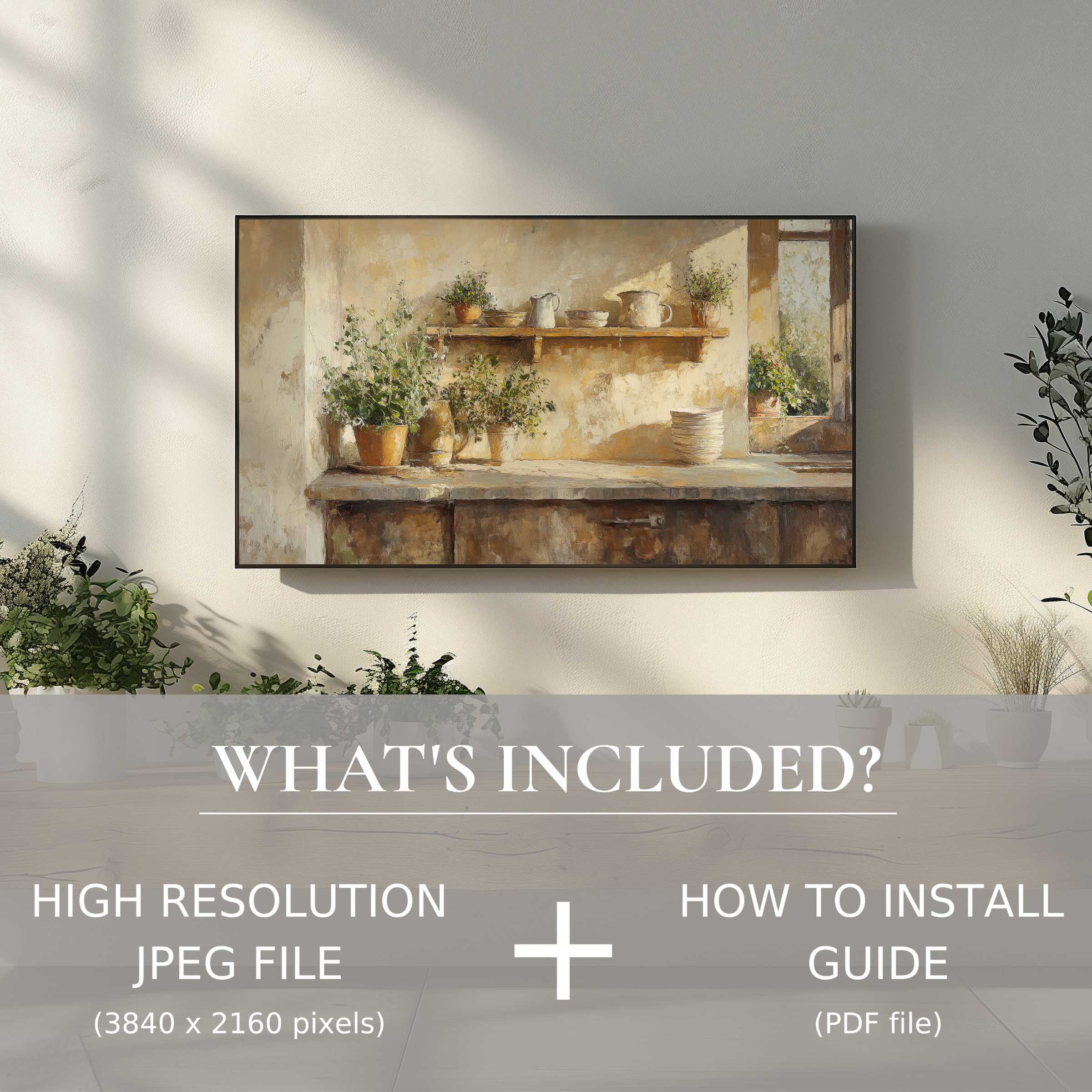 Elegant living room with farmhouse digital TV art download, easy use enhances decor with rustic charm