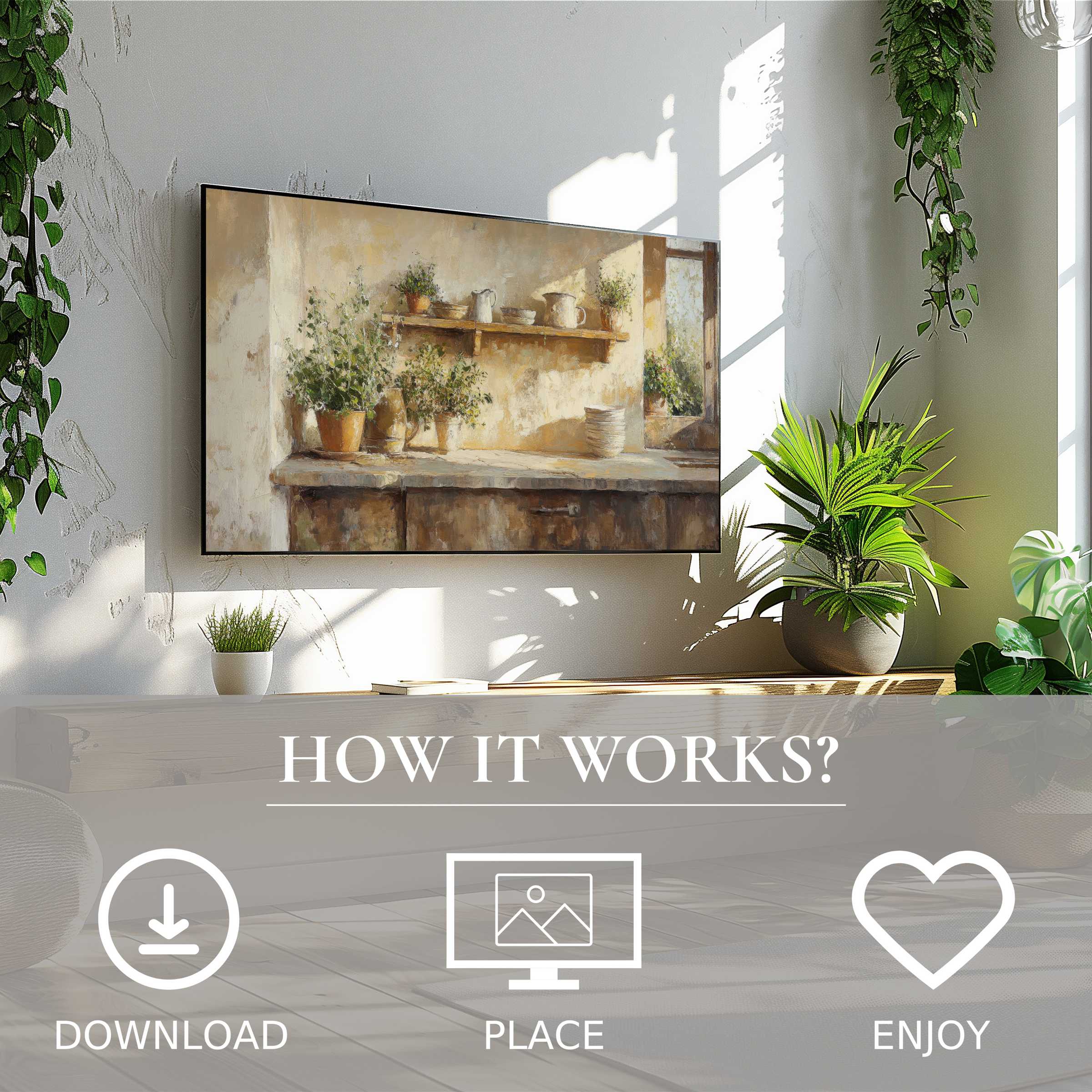 Farmhouse art for Samsung TV shows warm textures and soft natural tones, easy digital download enriches modern living spaces