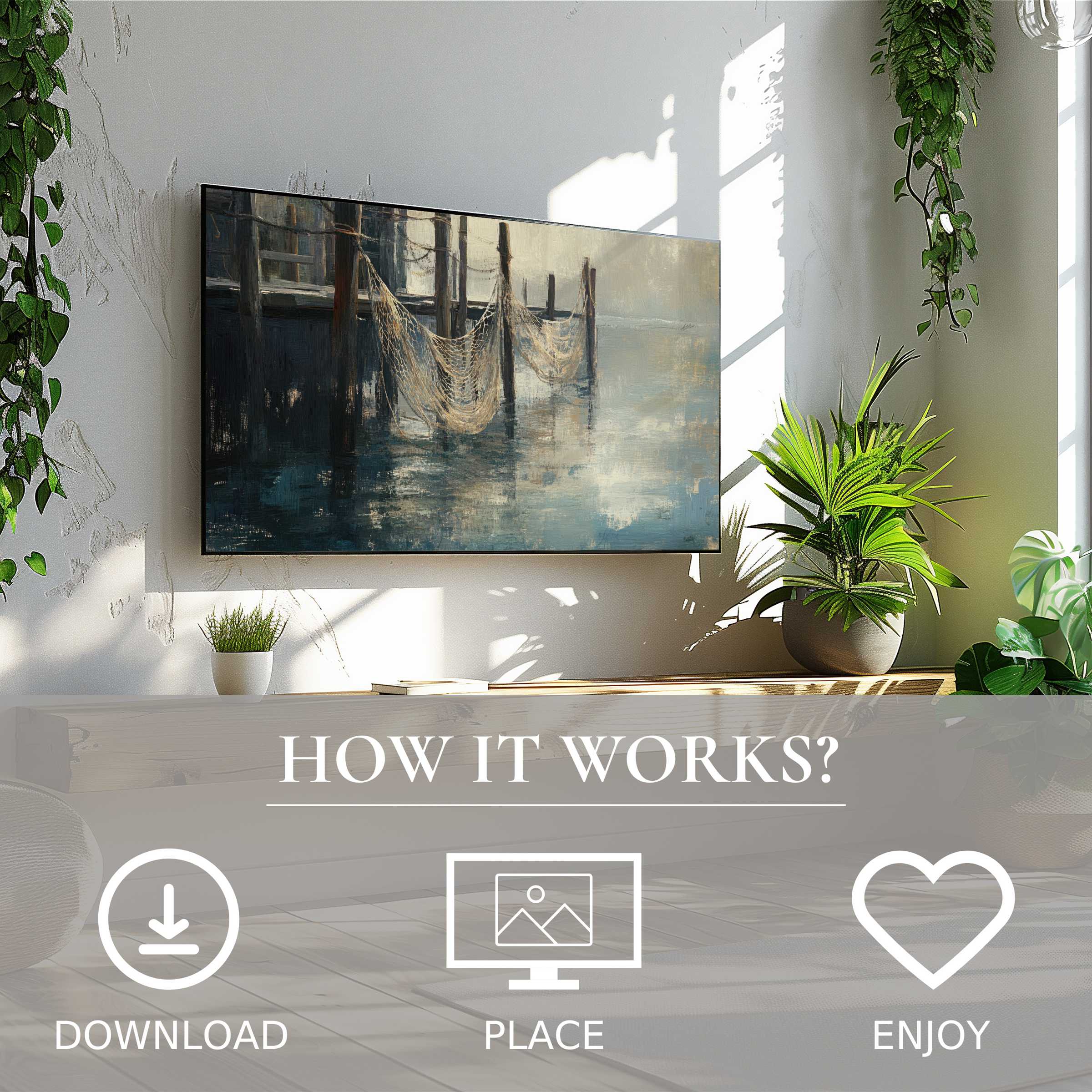 Coastal art for Samsung TV showing soft water and net tones, easy digital download to enhance modern living spaces