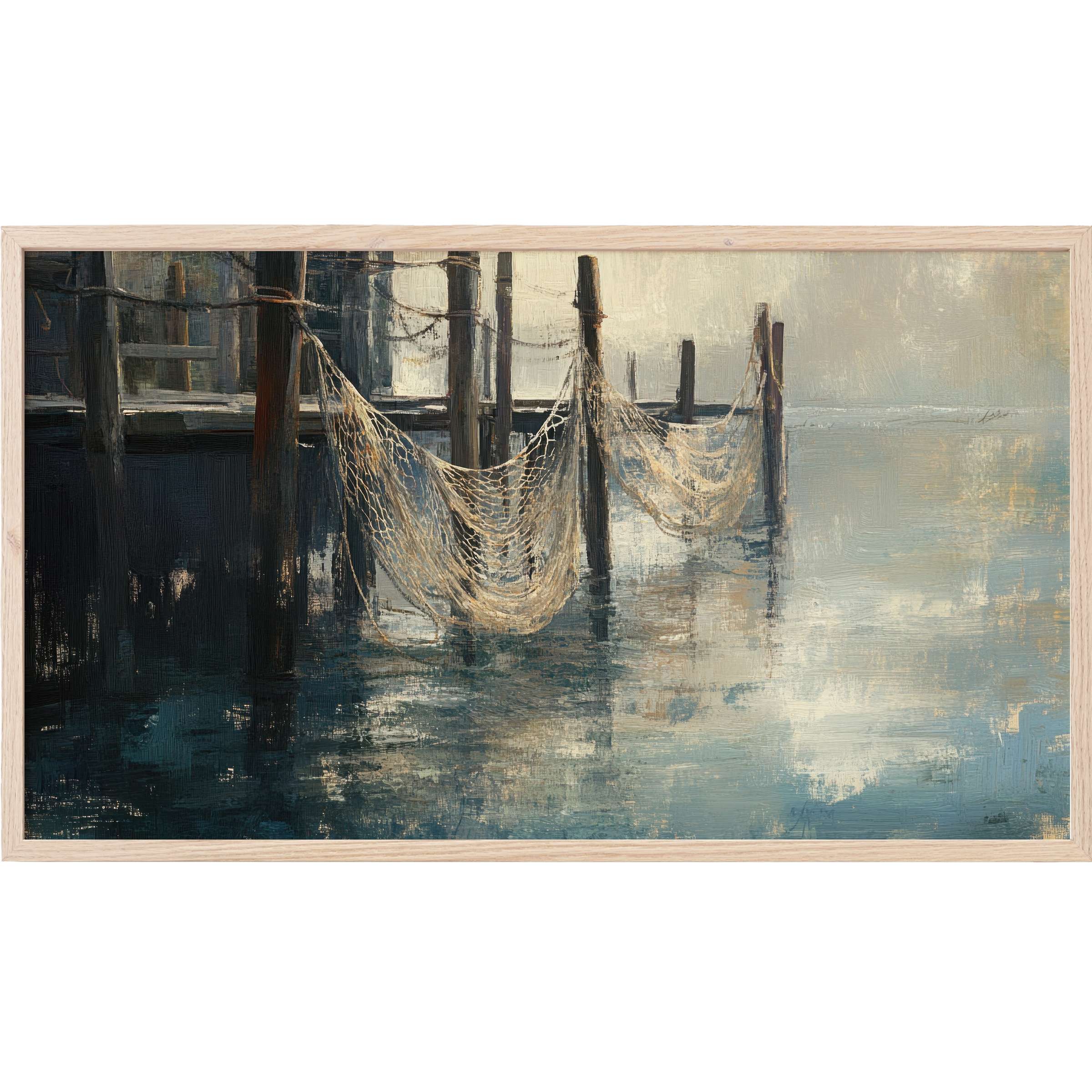 Coastal Frame TV Art showing moody fishing nets over reflective water in muted blues, grays, and sandy neutrals