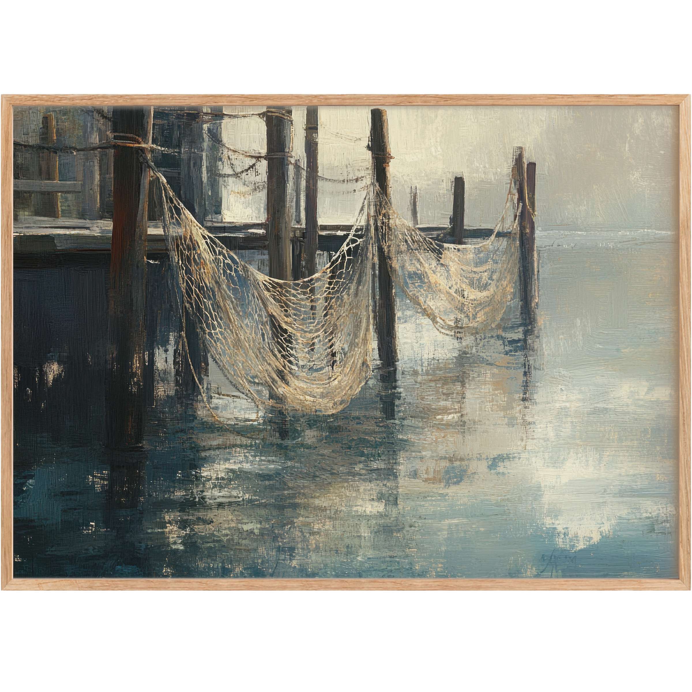 Coastal printable wall art capturing serene dusk by the pier, with muted blues and soft neutrals evoking tranquil elegance