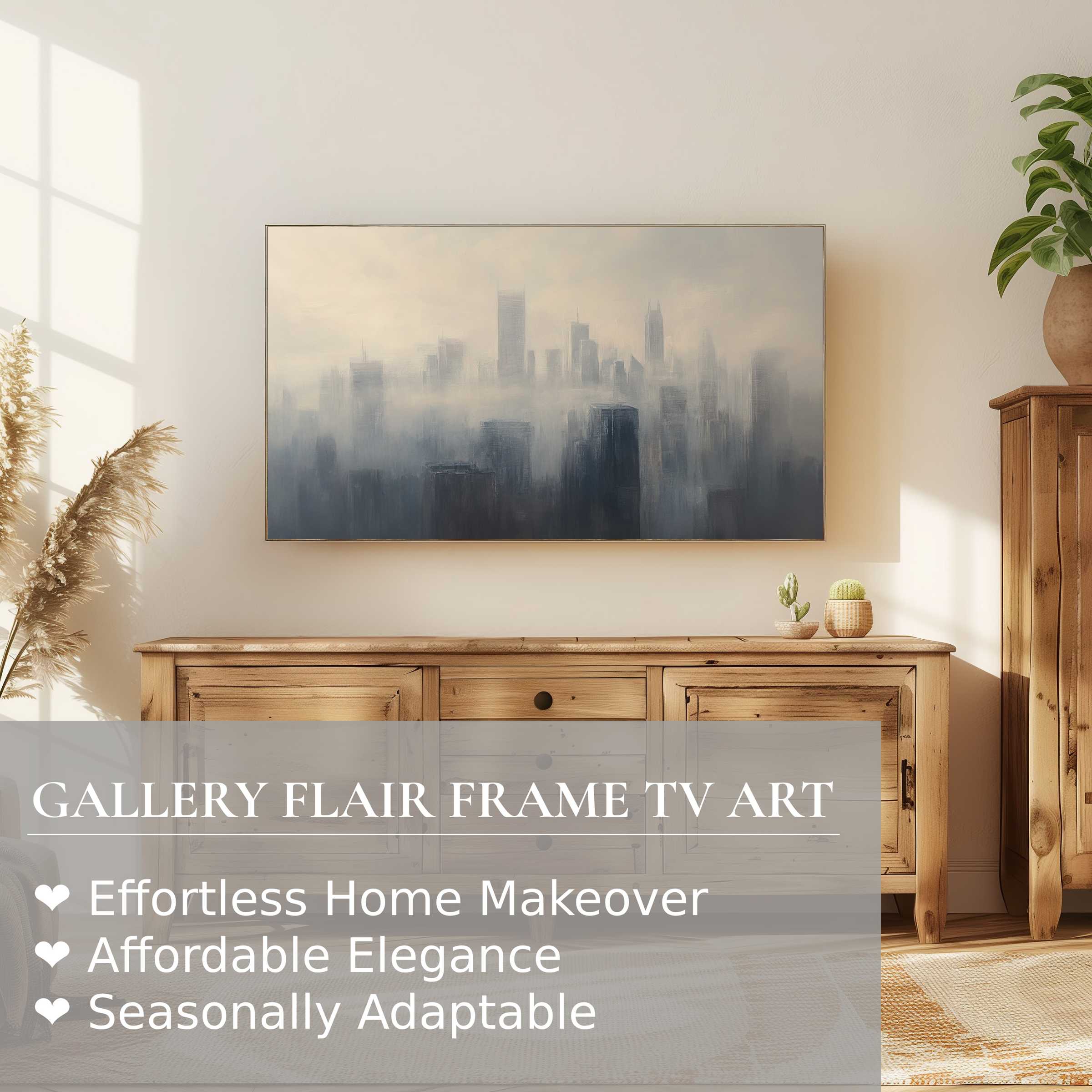 Samsung Frame TV showcases serene urban digital artwork in a minimalist, sunlit living space with natural wood accents