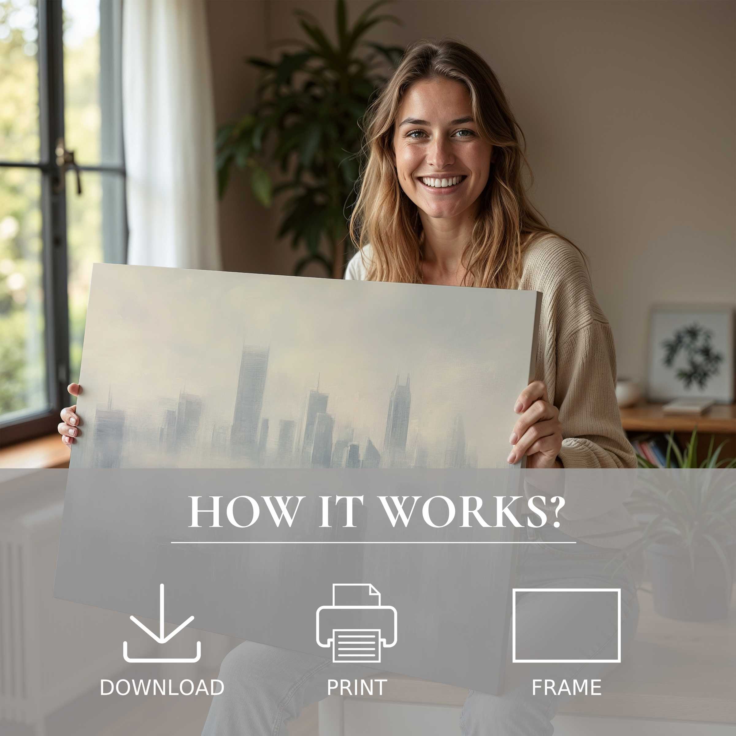 Radiant with joy, a woman embraces an urban digital art print, embodying serene elegance in modern home living