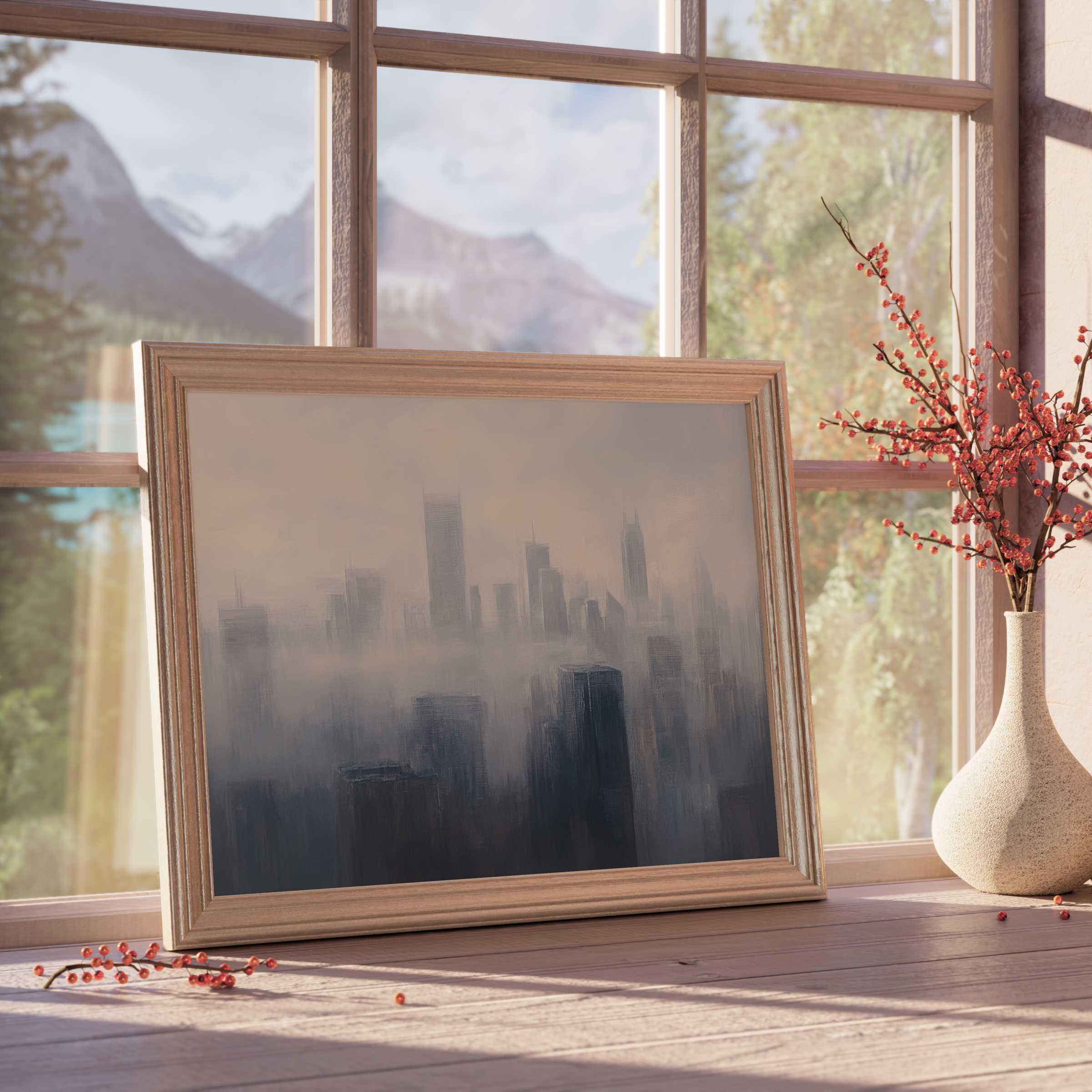 Urban downloadable art capturing a misty cityscape’s calm elegance, perfect for curated, tranquil modern interiors