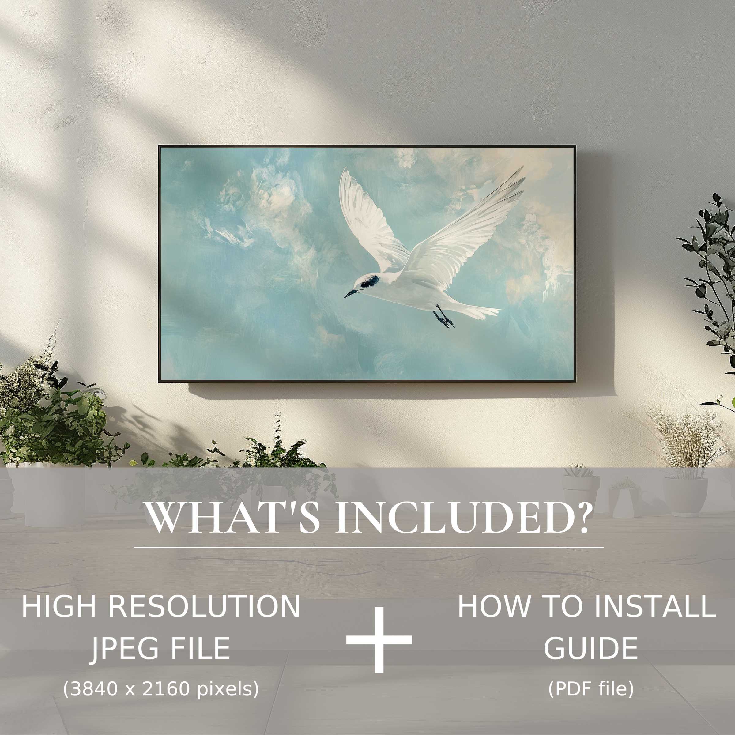 Elegant living room with minimalist digital TV art download of soaring white bird, easily enhancing your modern space