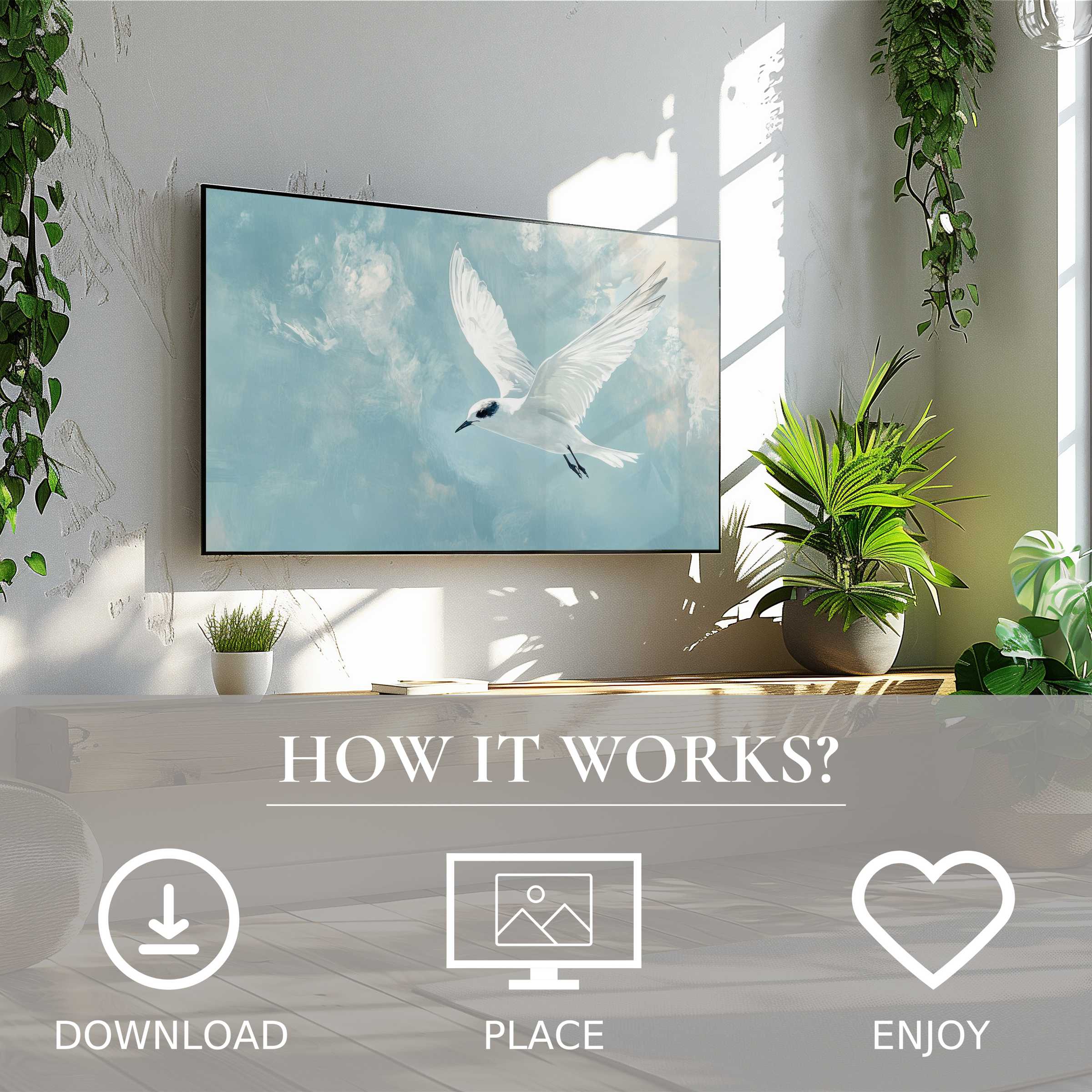 Minimalist art for Samsung TV with soft blue sky and white bird motif, easy digital download enriches stylish living spaces